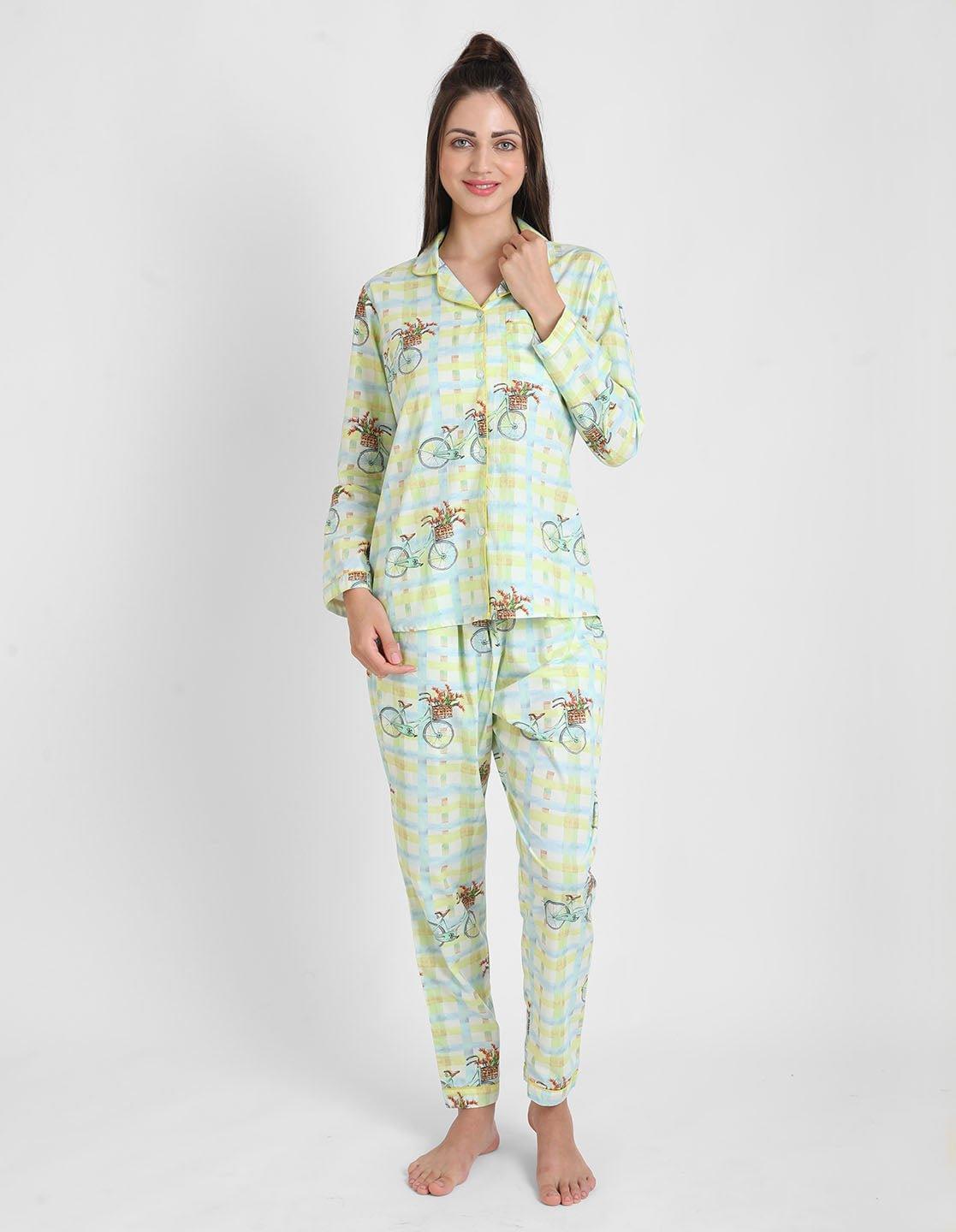 Bi-Cycle Checks Printed Nightsuit Set for Women