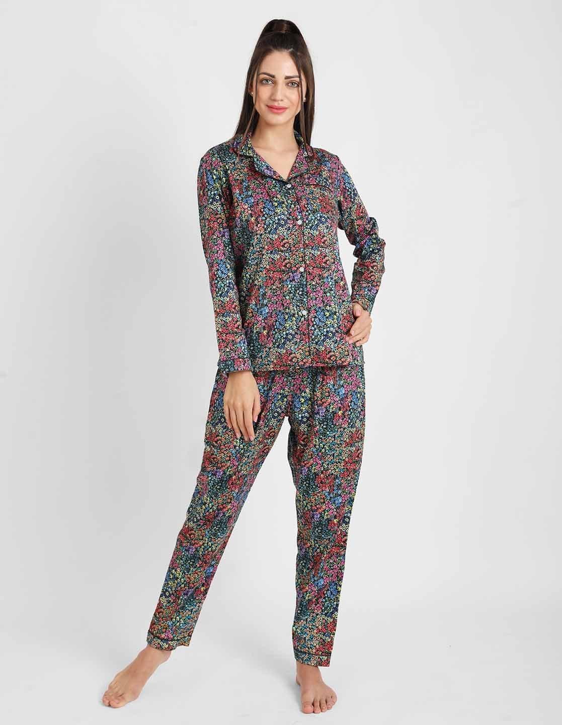 Black Floral Printed Nightsuit Set for Women