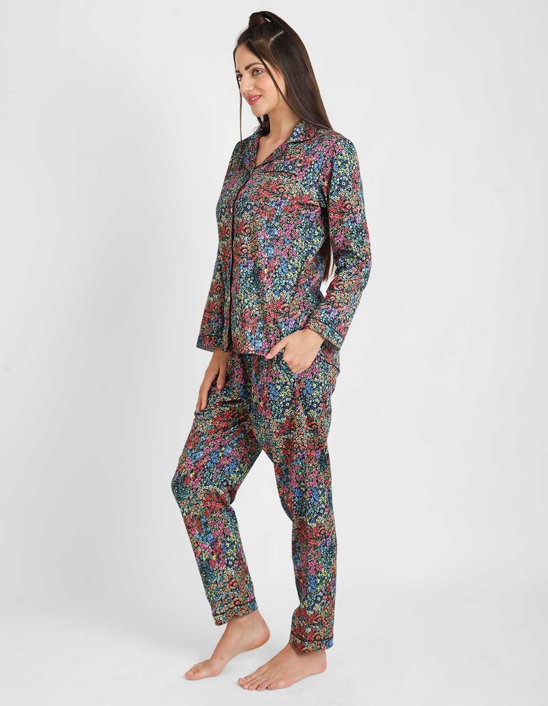 Black Floral Printed Nightsuit Set for Women