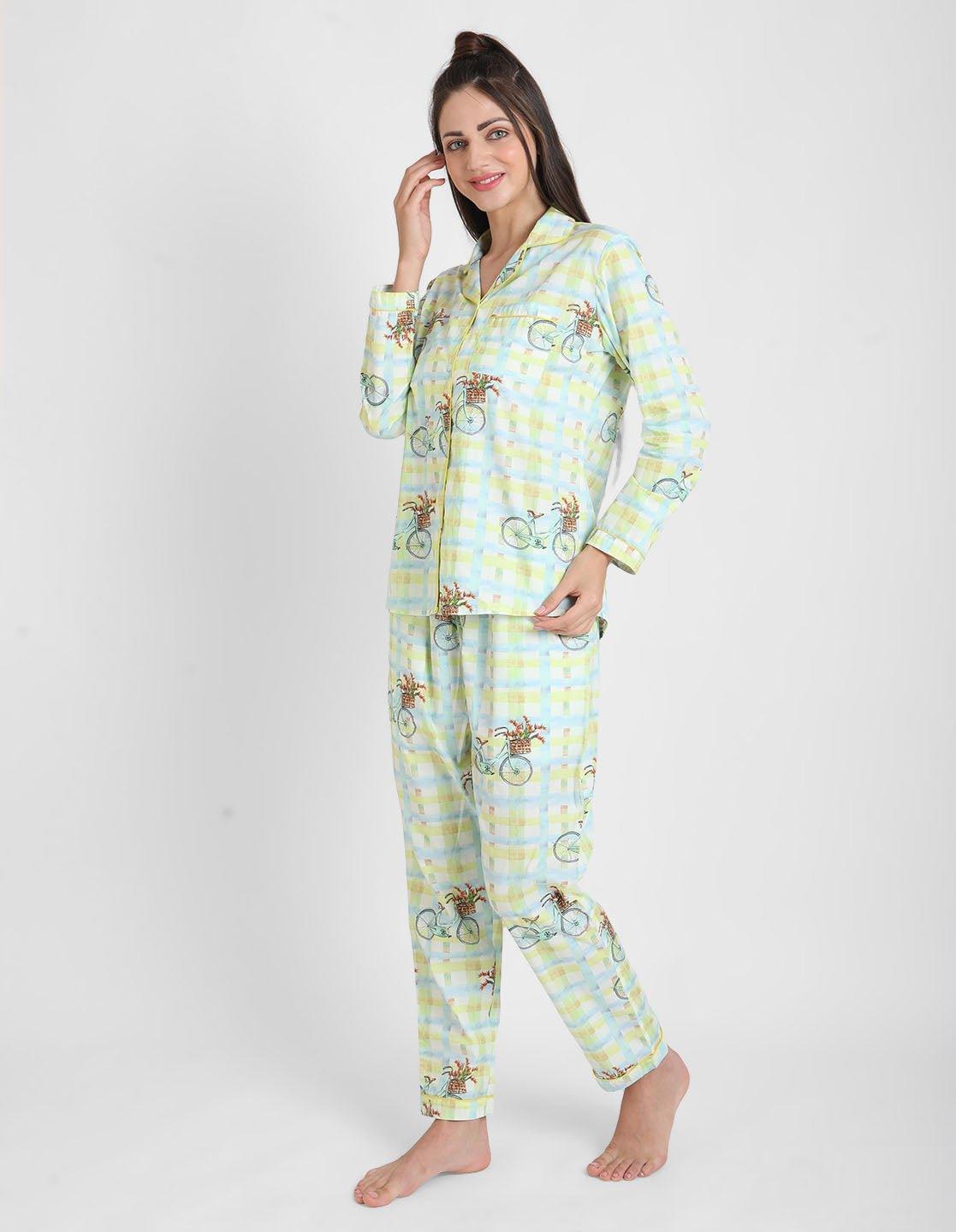 Bi-Cycle Checks Printed Nightsuit Set for Women