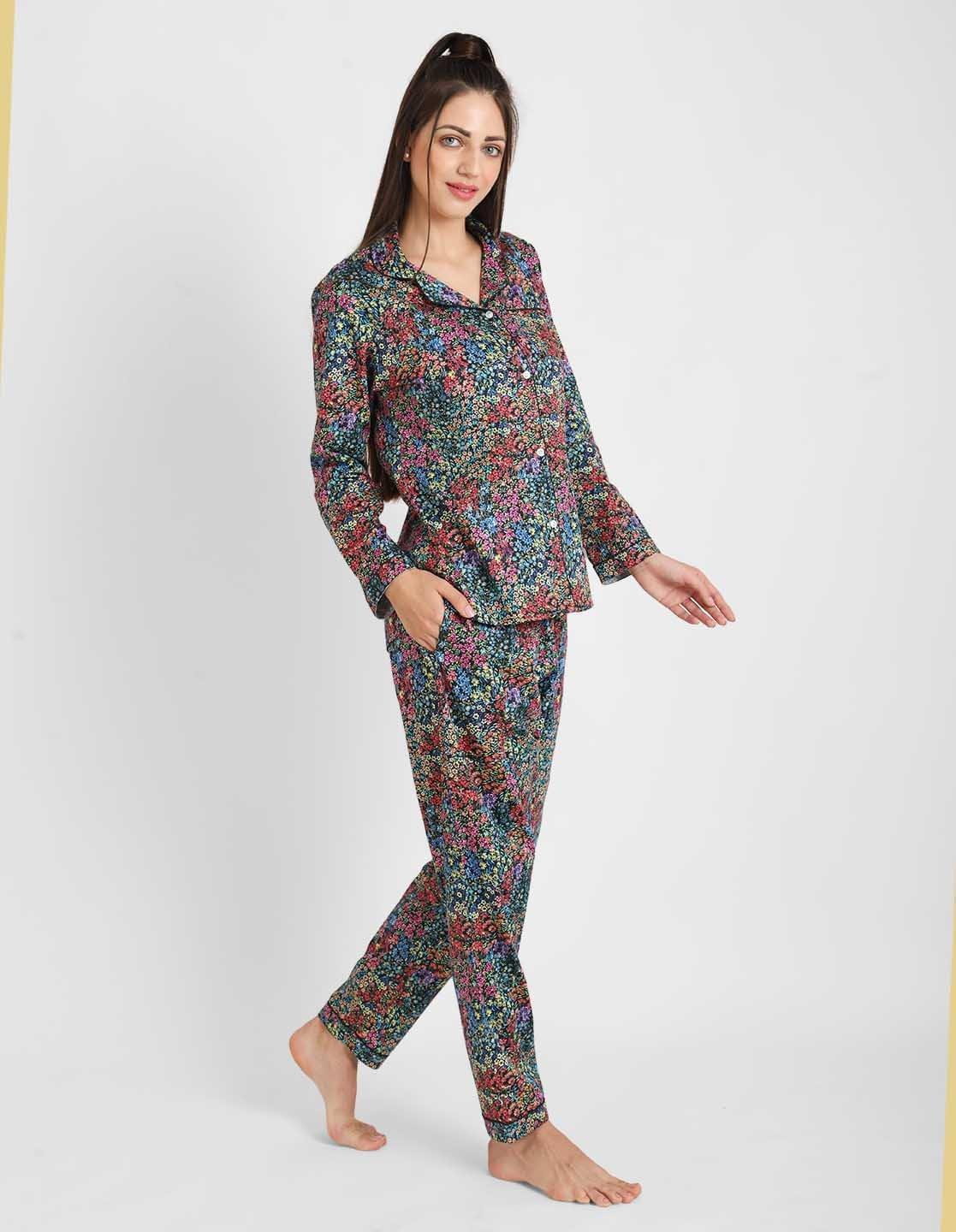 Black Floral Printed Nightsuit Set for Women