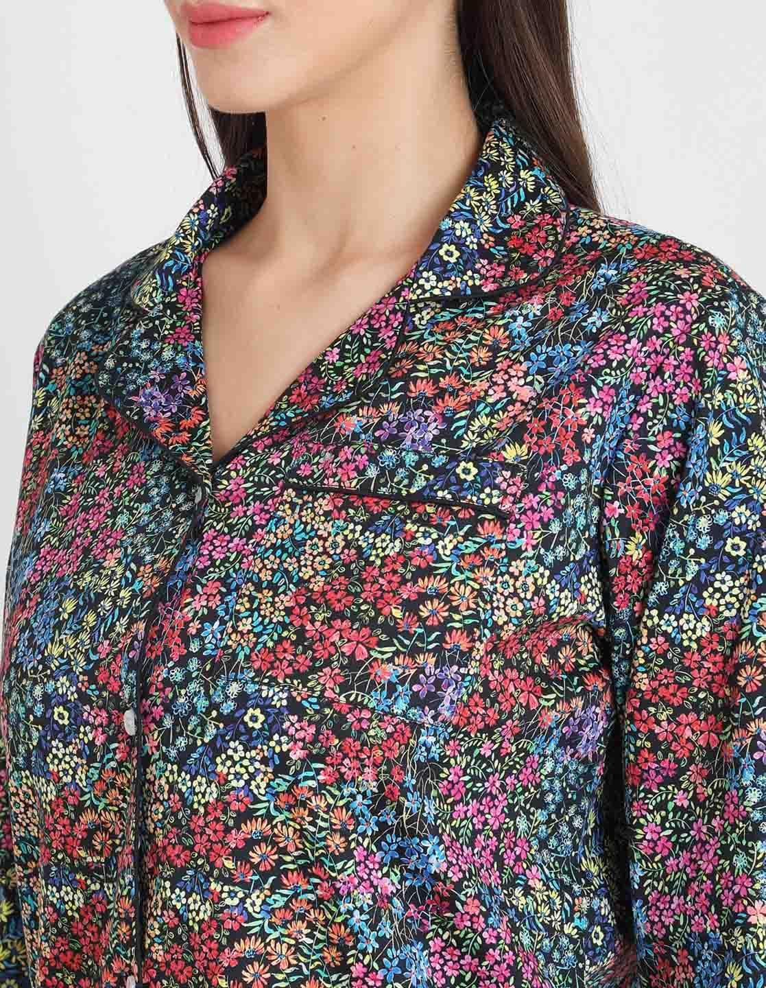 Black Floral Printed Nightsuit Set for Women