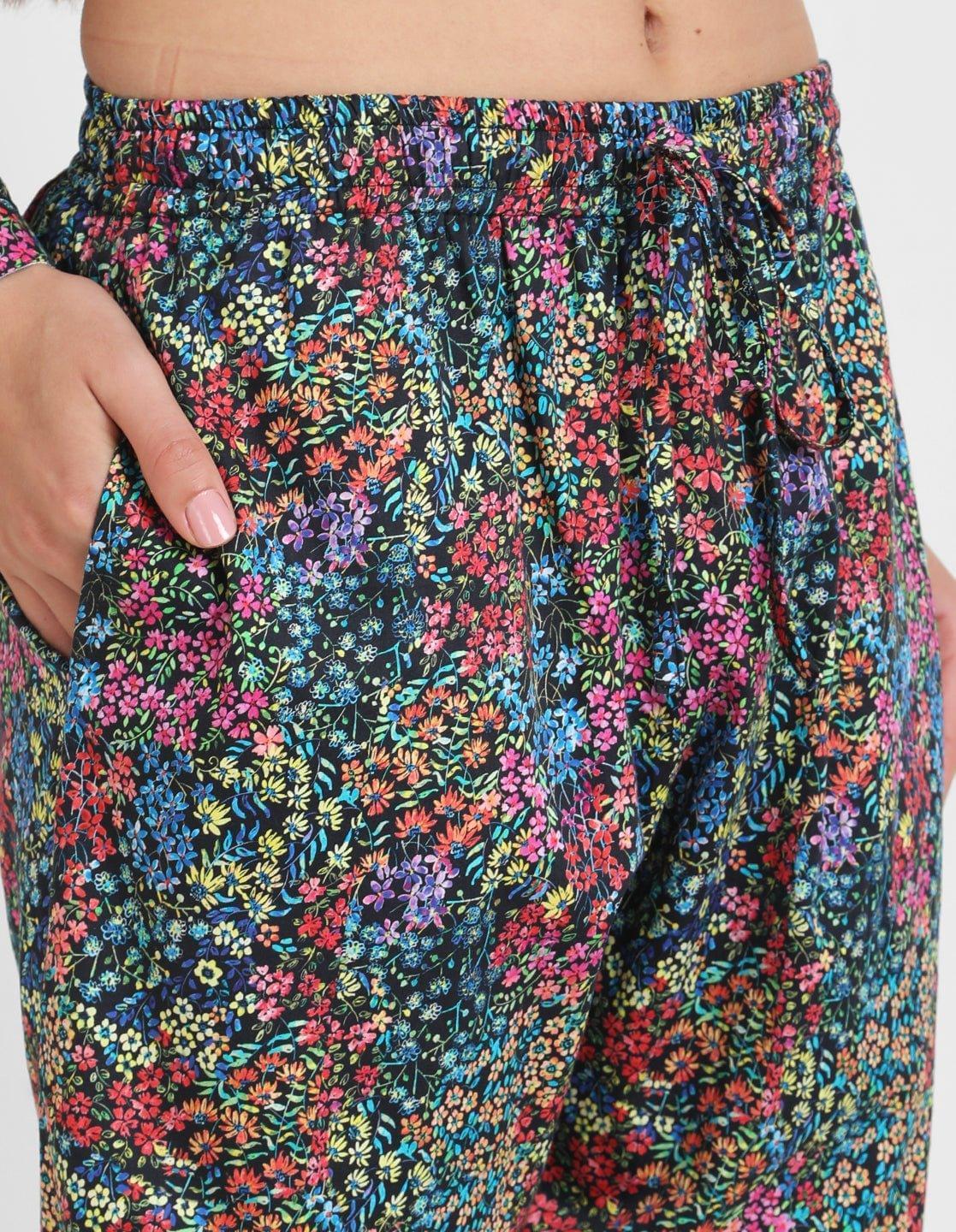 Black Floral Printed Nightsuit Set for Women