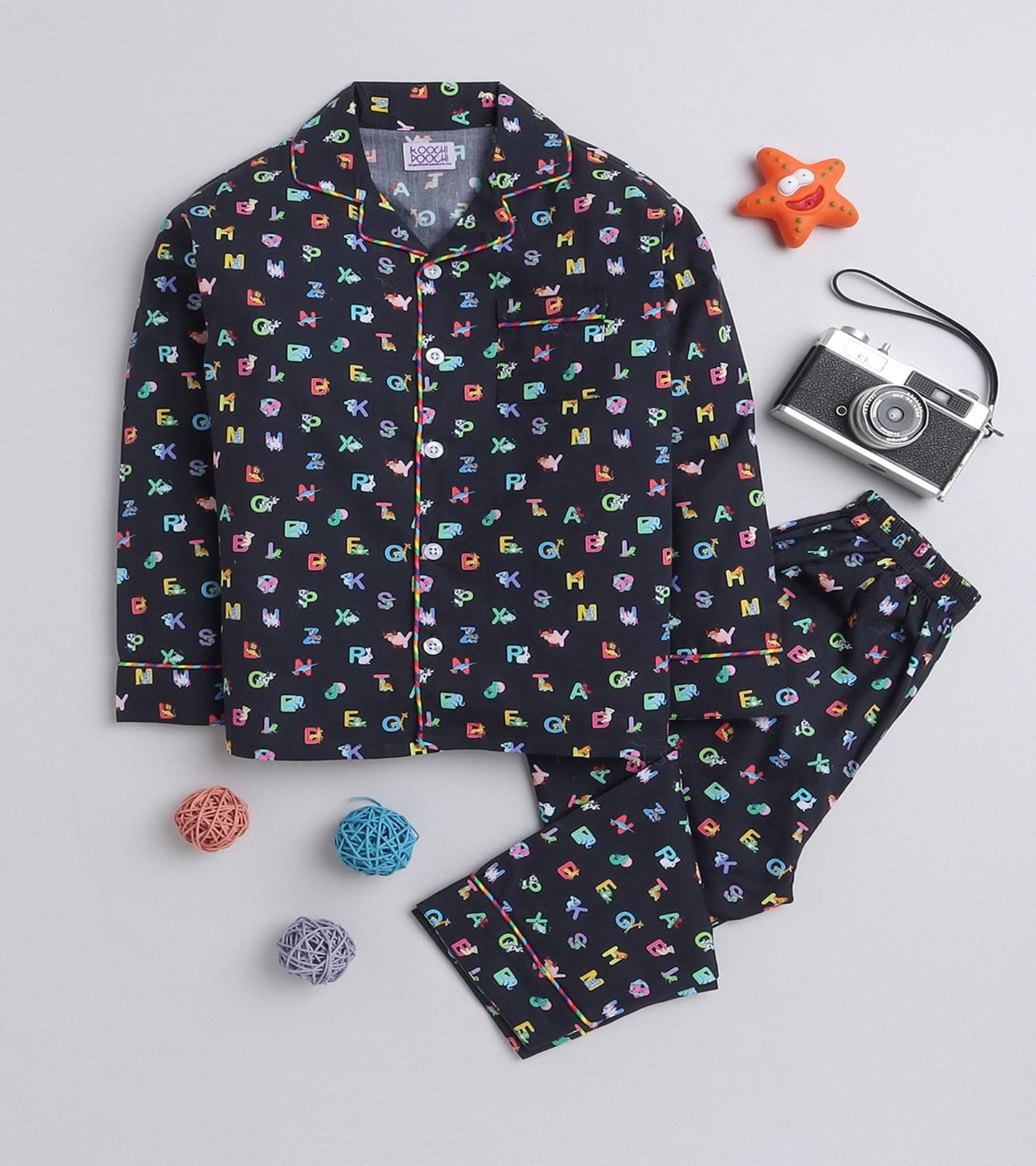 ABCD Black Printed Girls Nightsuit Set