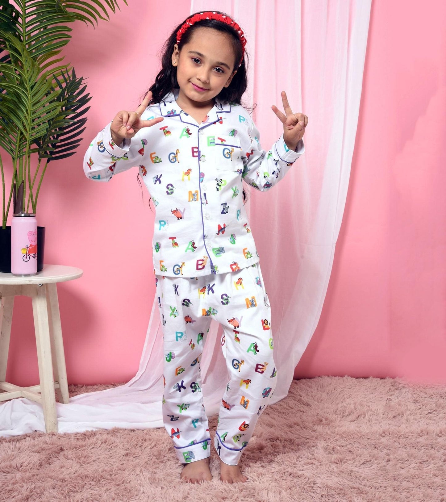 ABC White Printed Girls Nightsuit Set