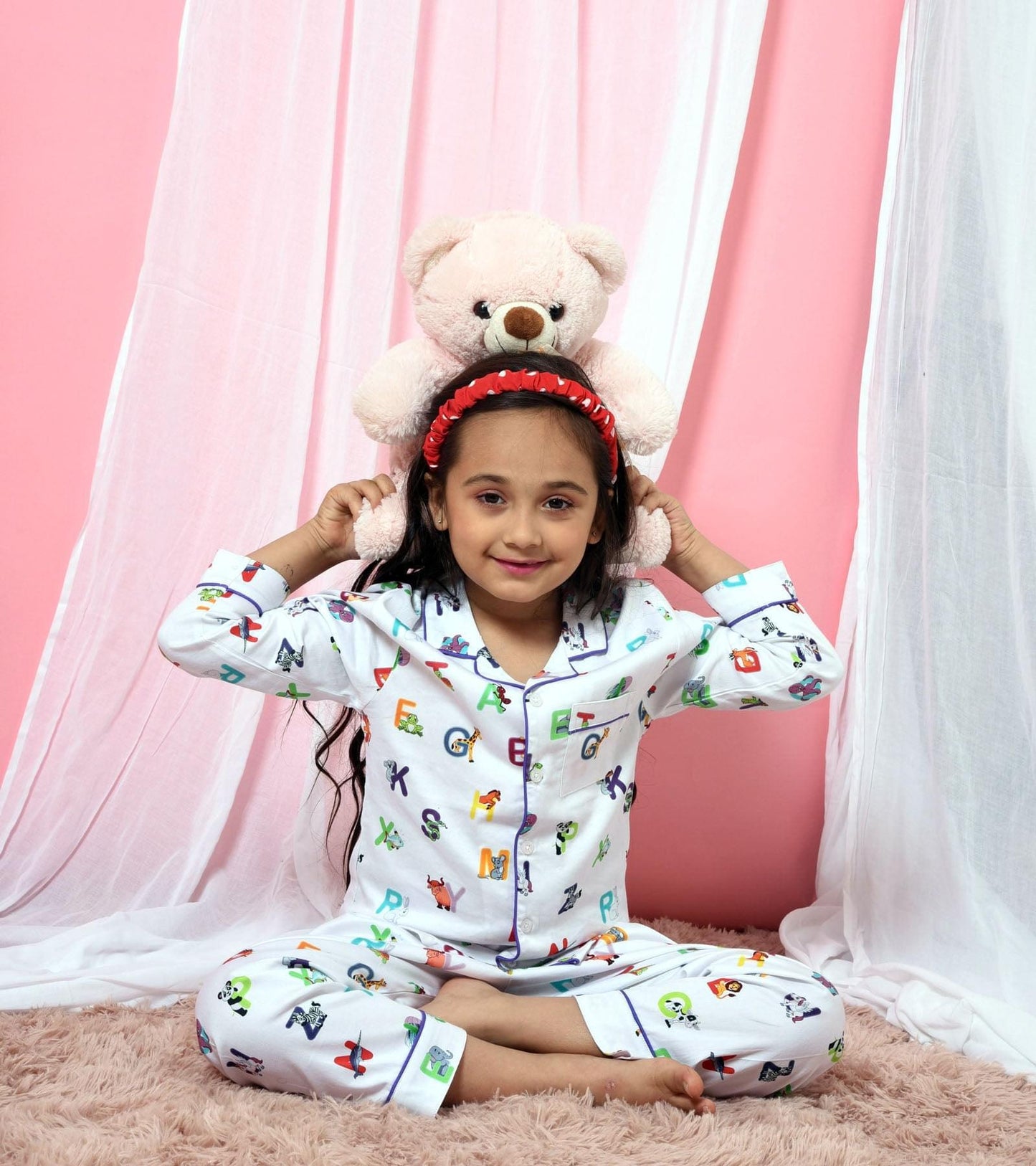 ABC White Printed Girls Nightsuit Set
