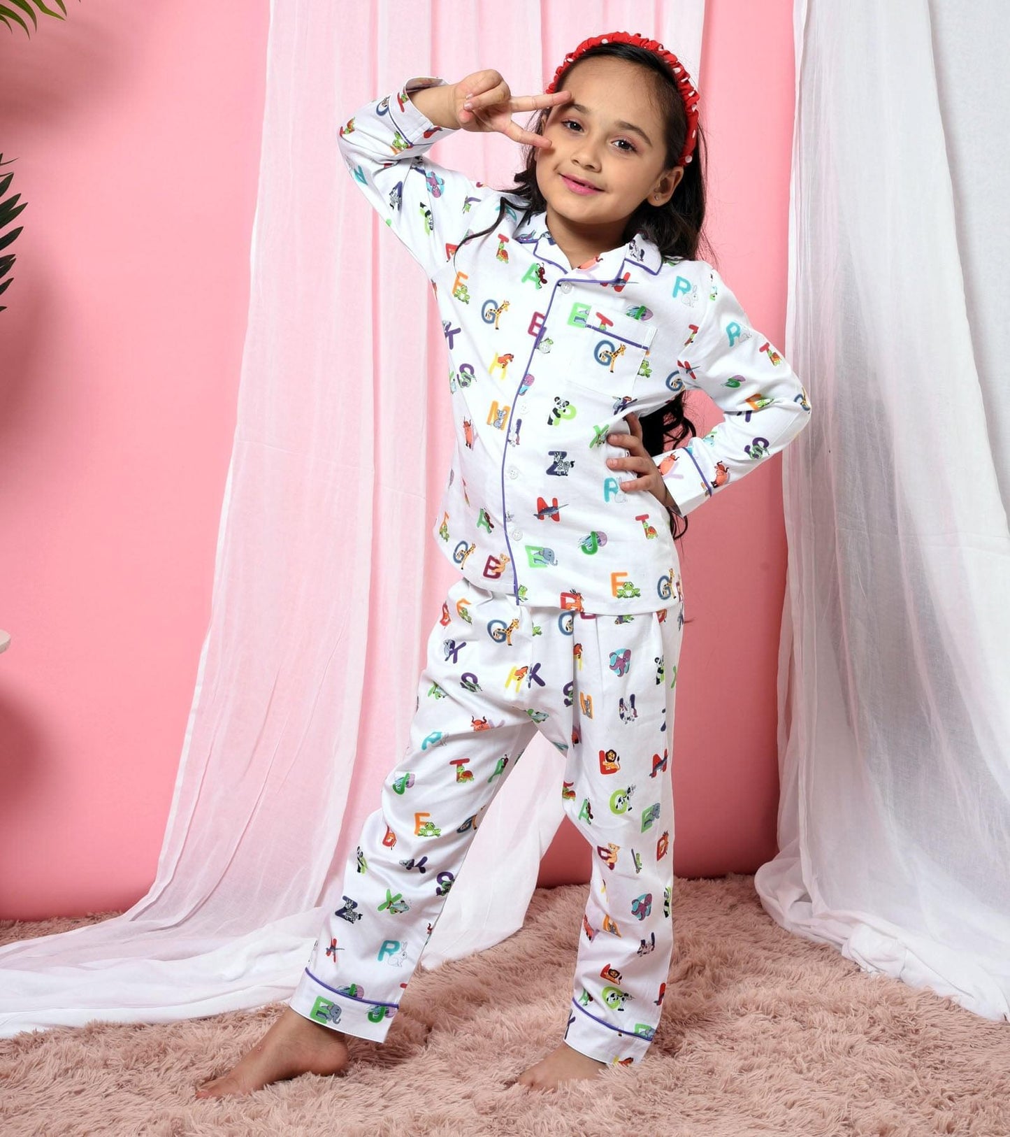 ABC White Printed Girls Nightsuit Set