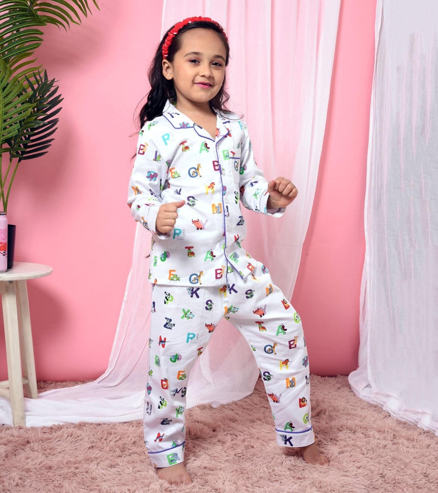 ABC White Printed Girls Nightsuit Set