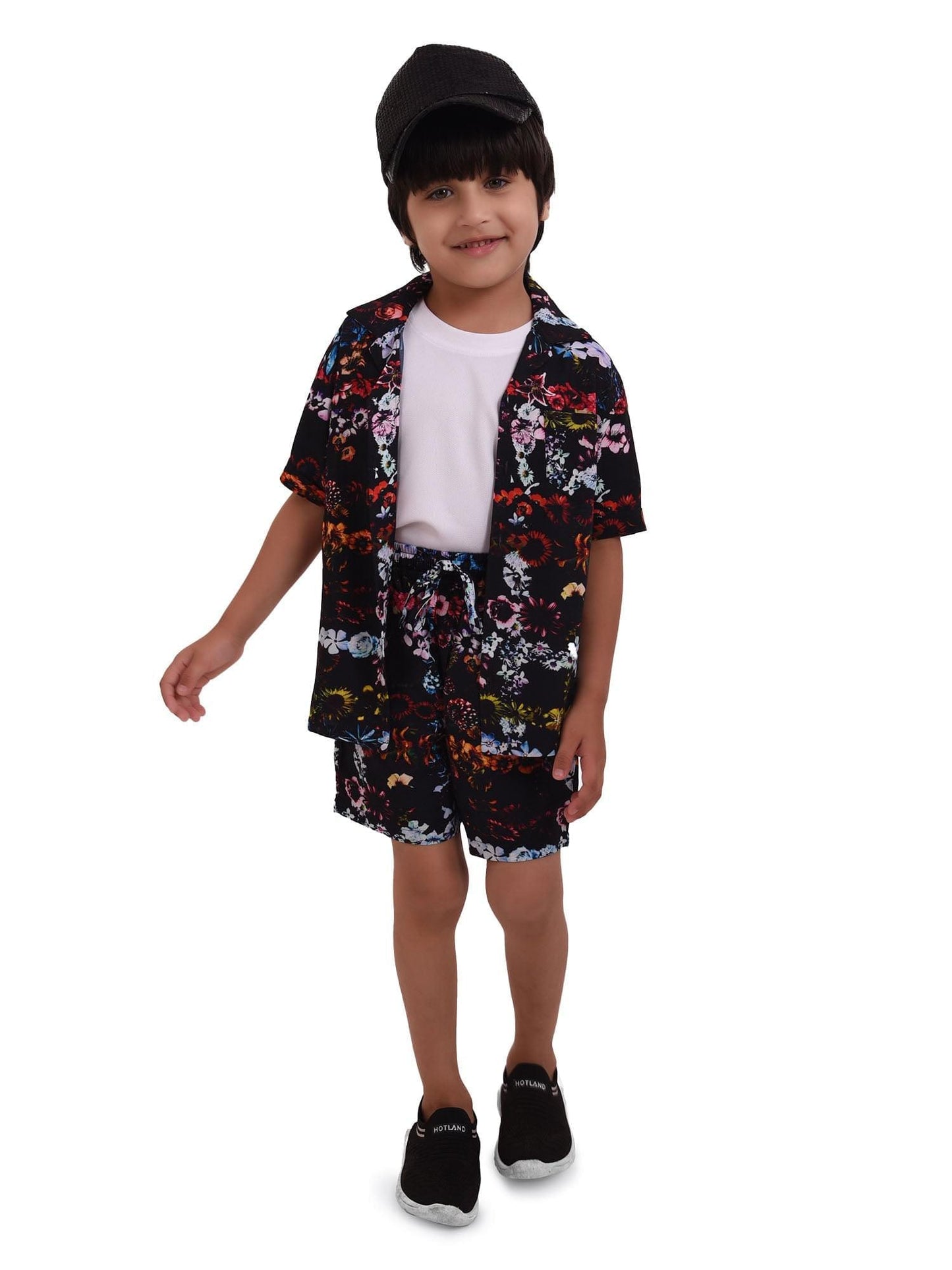 Black Floral Printed Cord Set for Boys