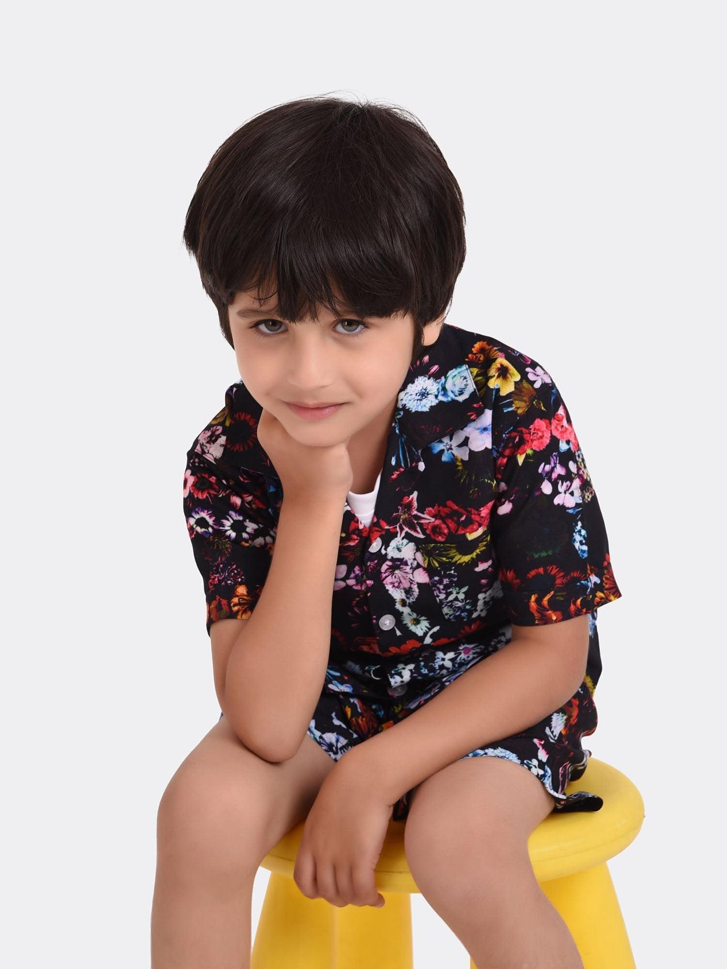 Black Floral Printed Cord Set for Boys