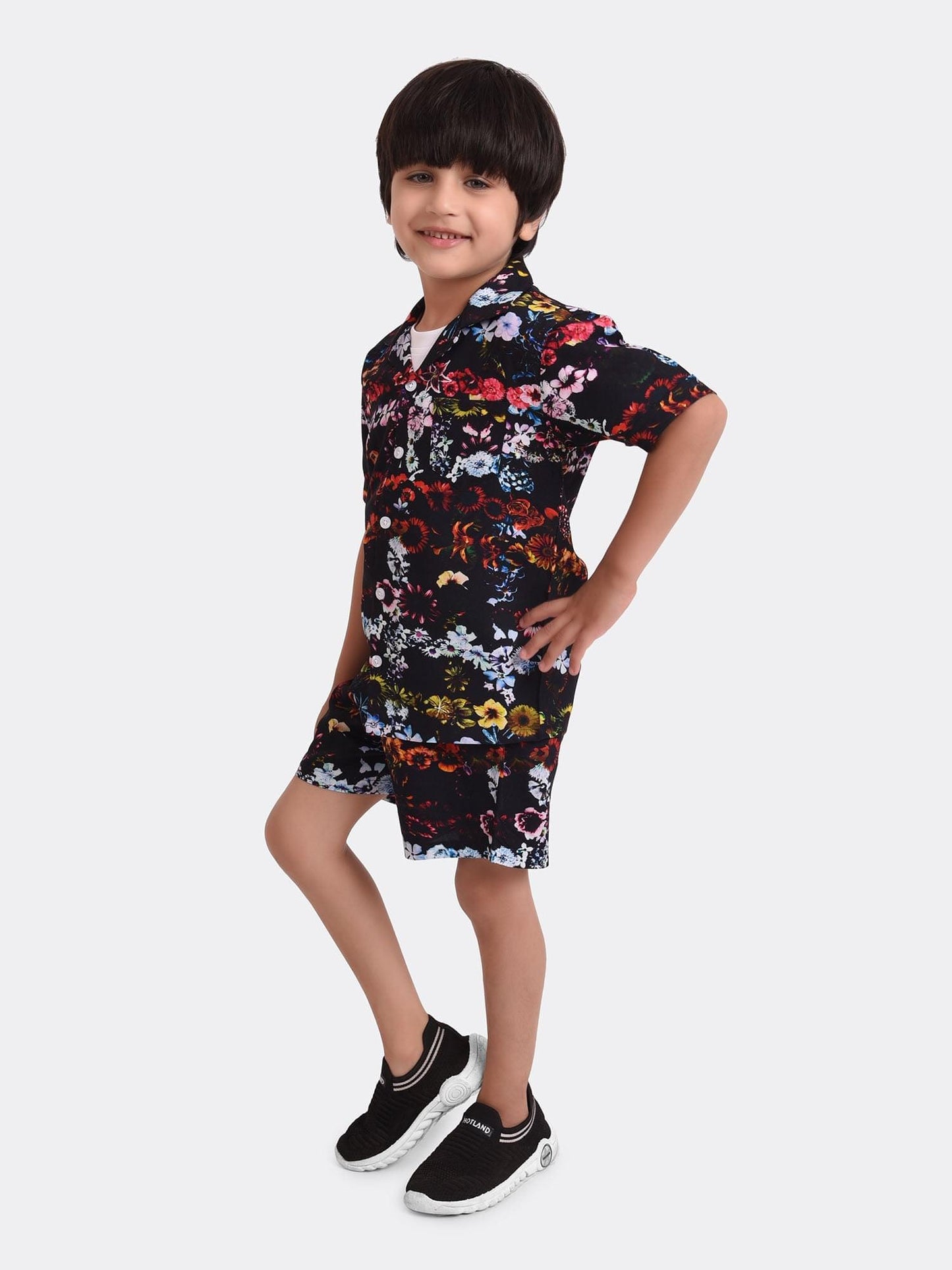 Black Floral Printed Cord Set for Boys