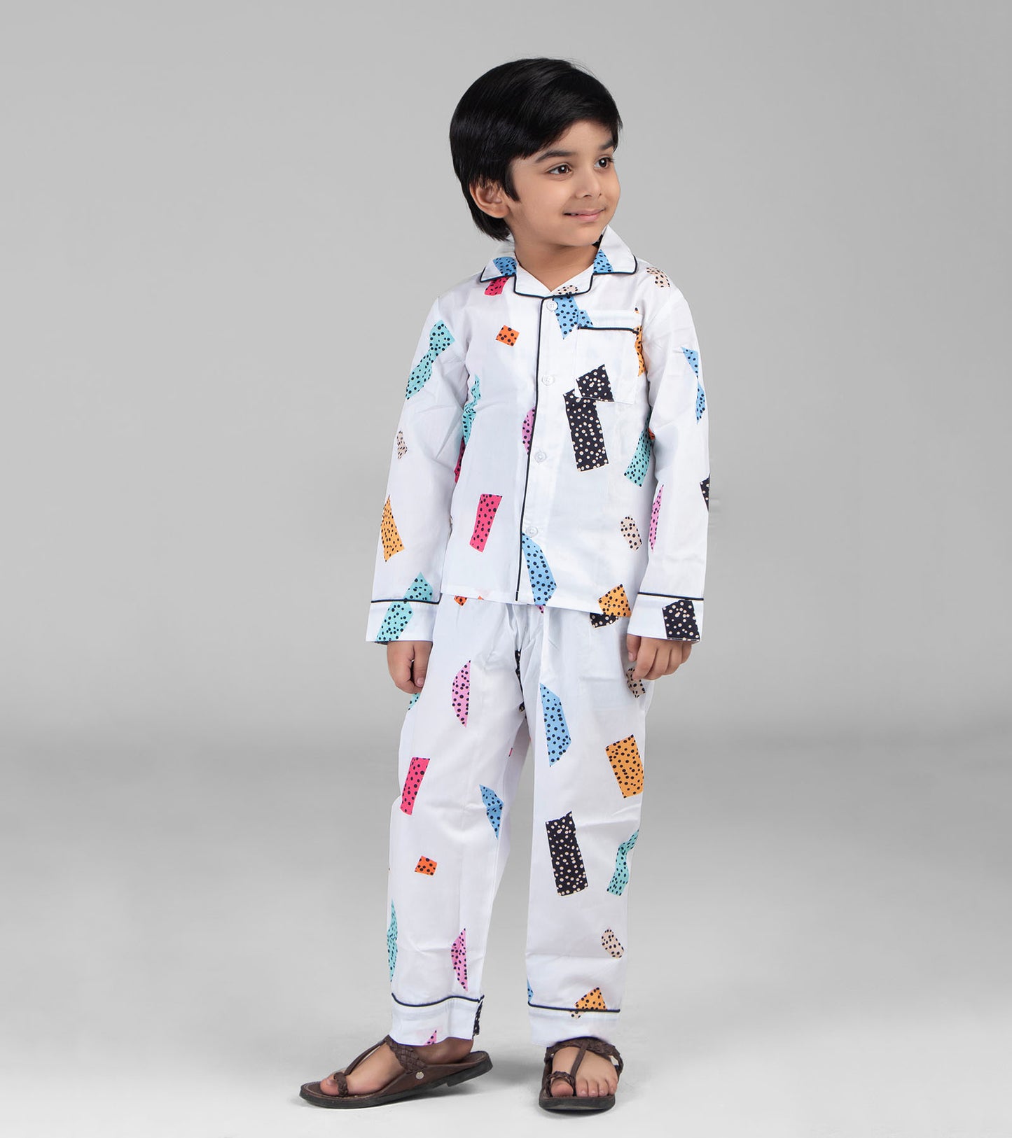 White Blocks Printed Boys Night Suit Set
