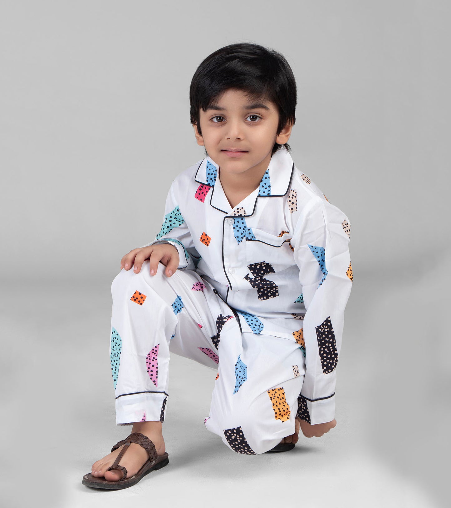 White Blocks Printed Boys Night Suit Set