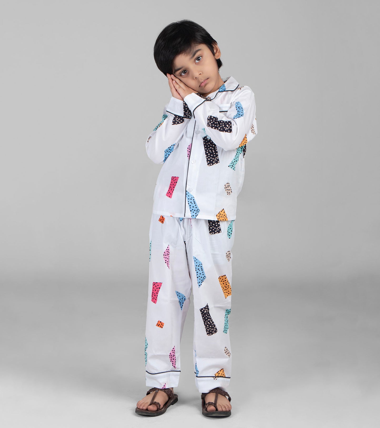 White Blocks Printed Boys Night Suit Set