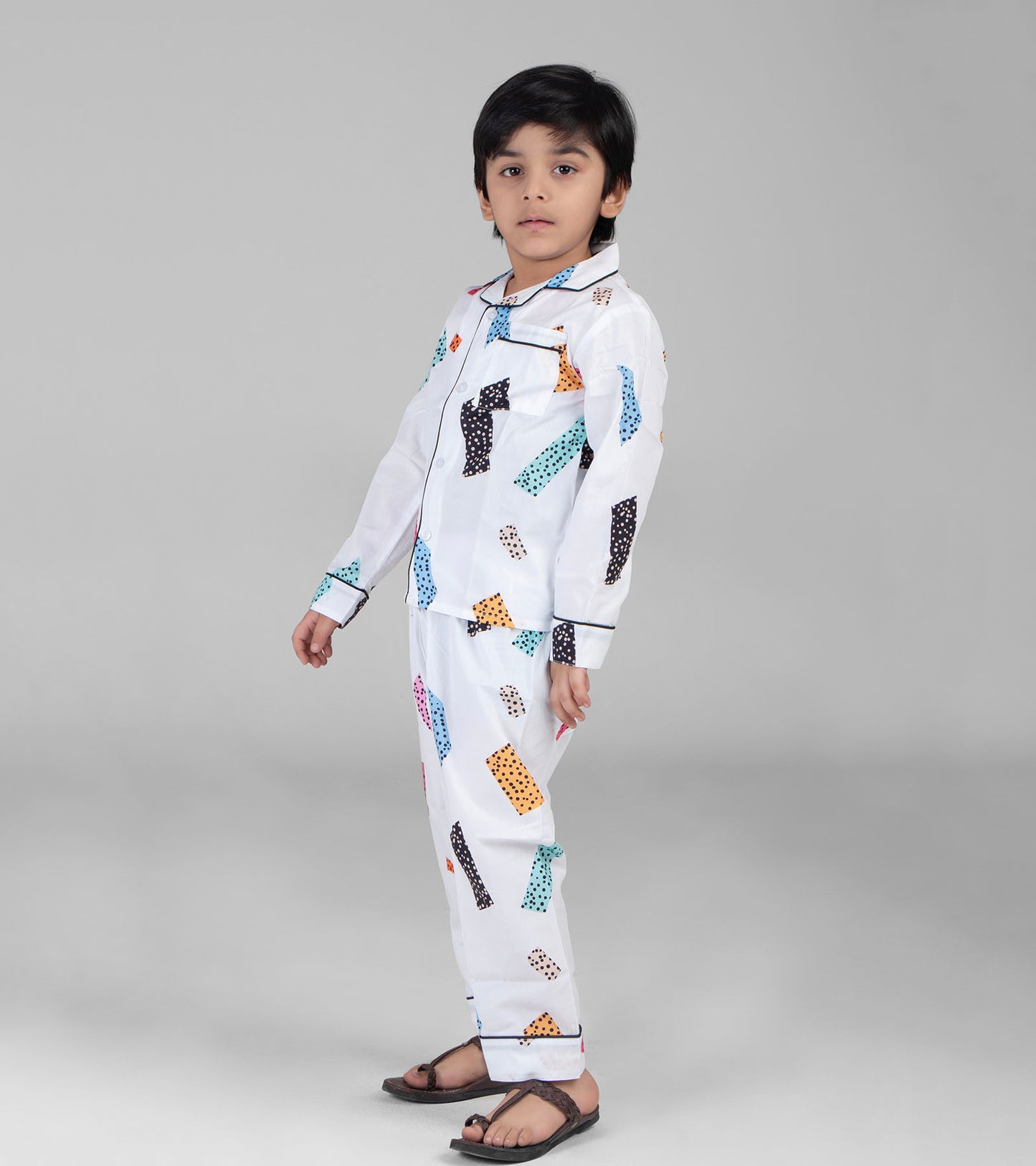 White Blocks Printed Boys Night Suit Set