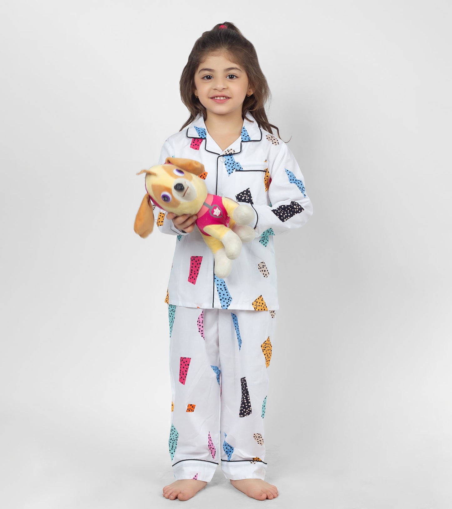 White Ground Blocks Printed Girls Night Suit Set