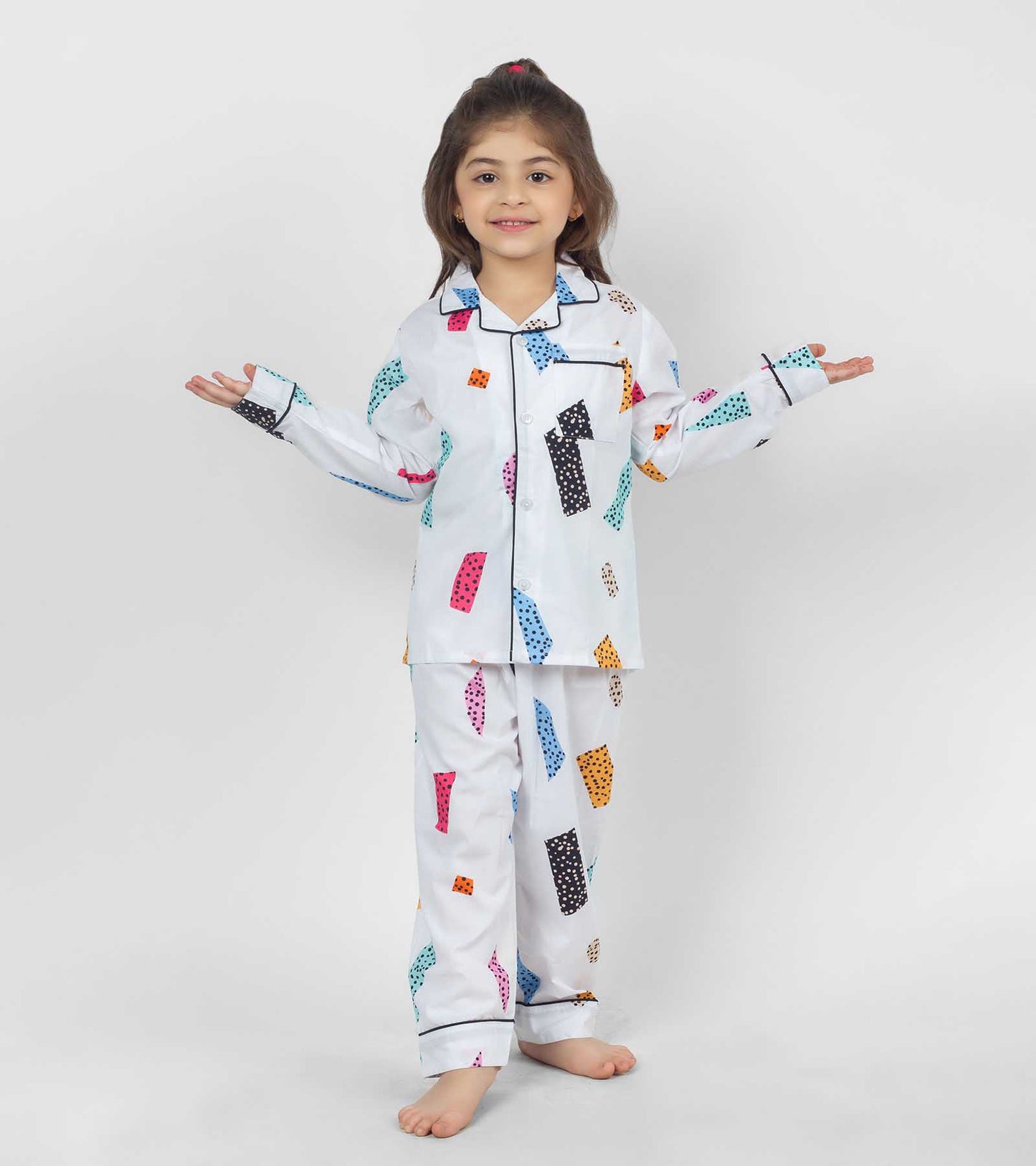 White Ground Blocks Printed Girls Night Suit Set