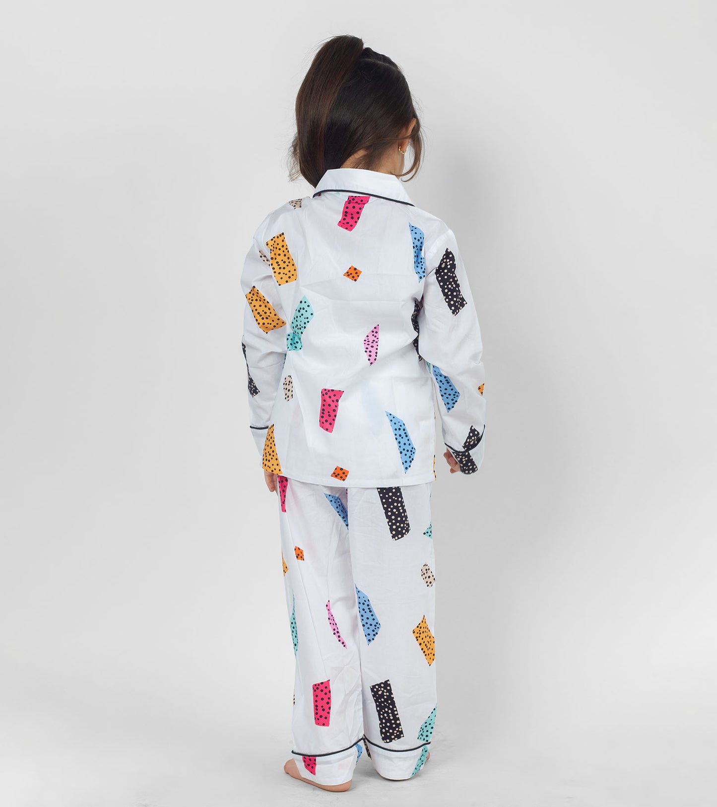 White Ground Blocks Printed Girls Night Suit Set