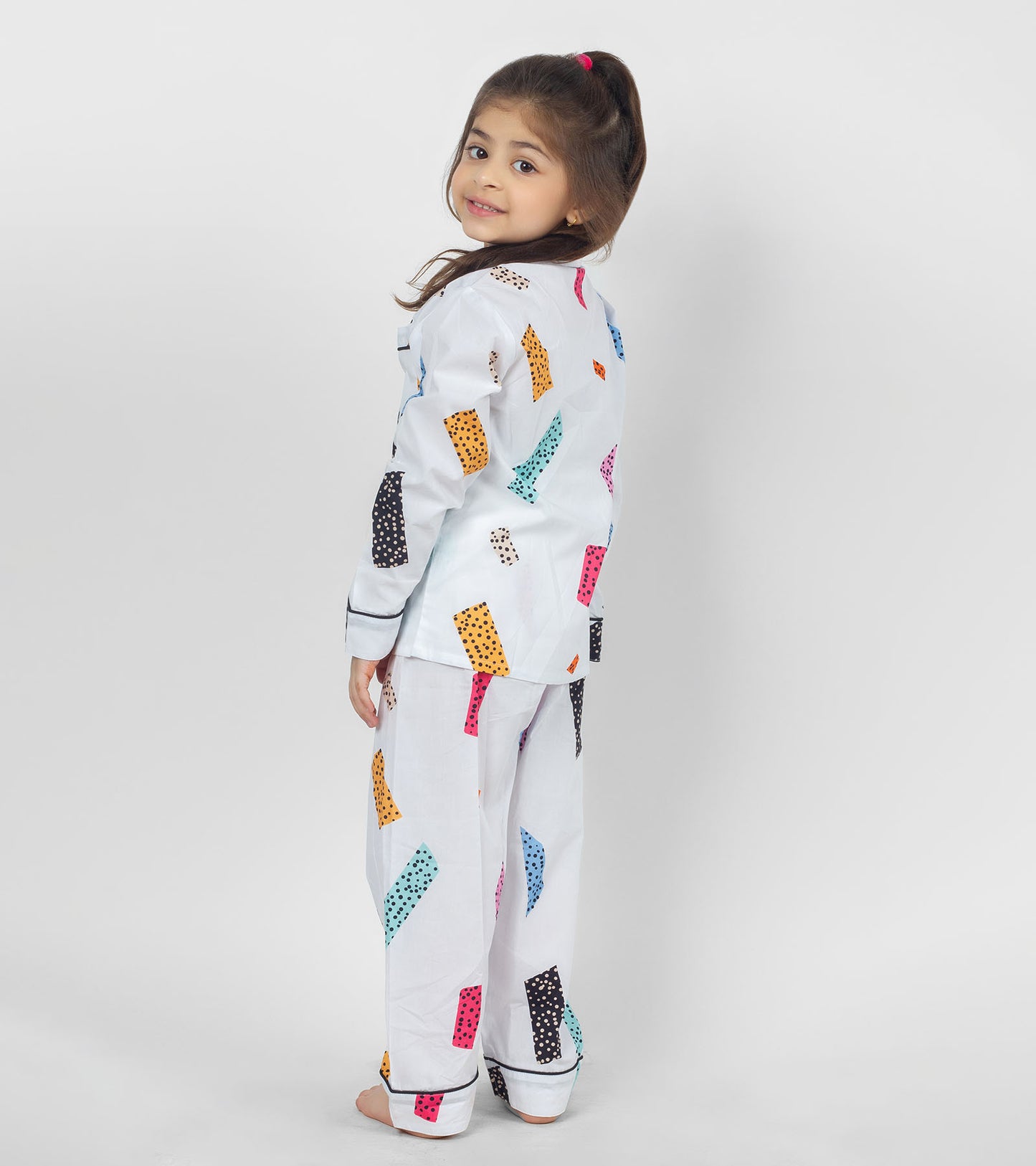 White Ground Blocks Printed Girls Night Suit Set