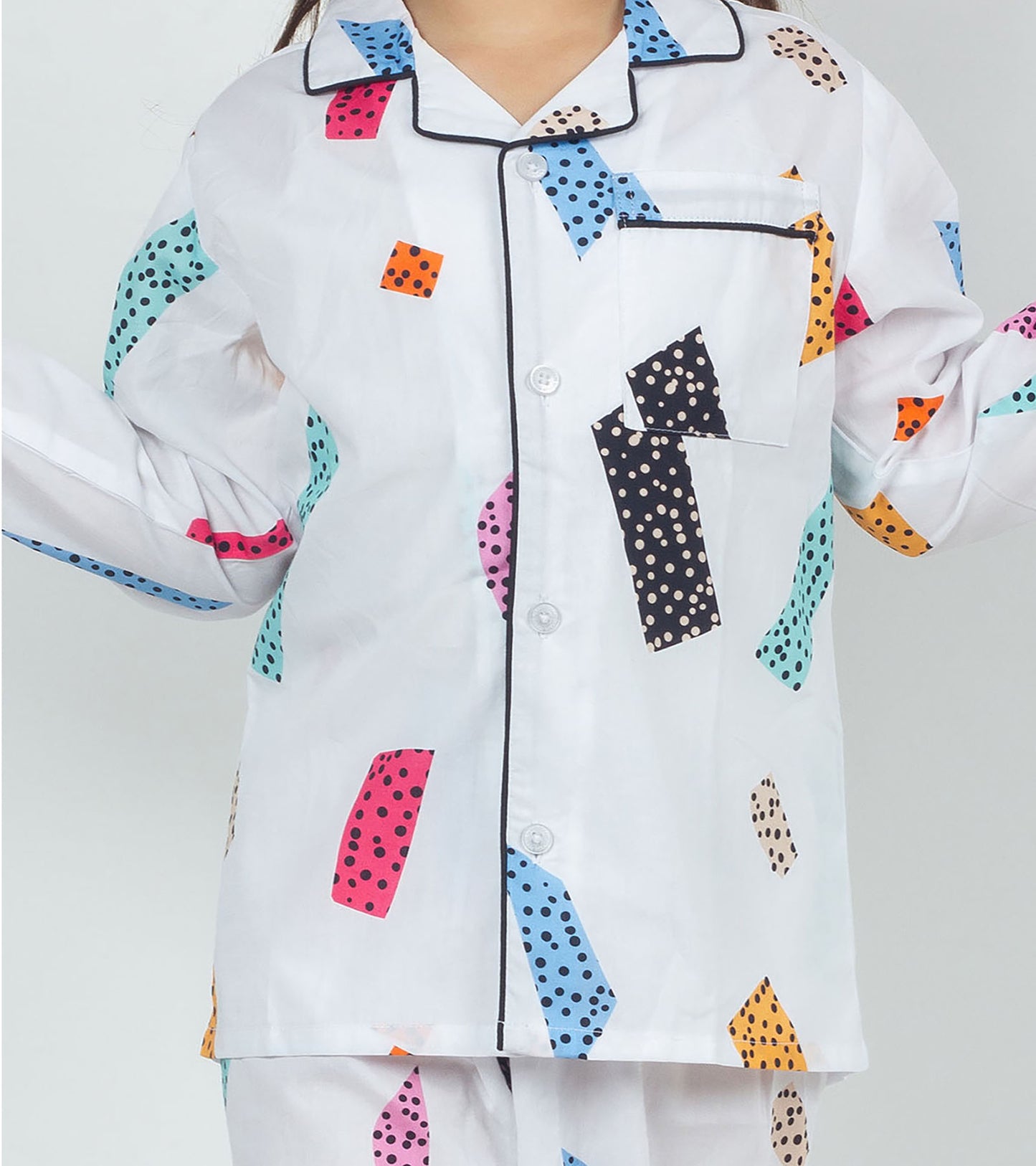 White Ground Blocks Printed Girls Night Suit Set