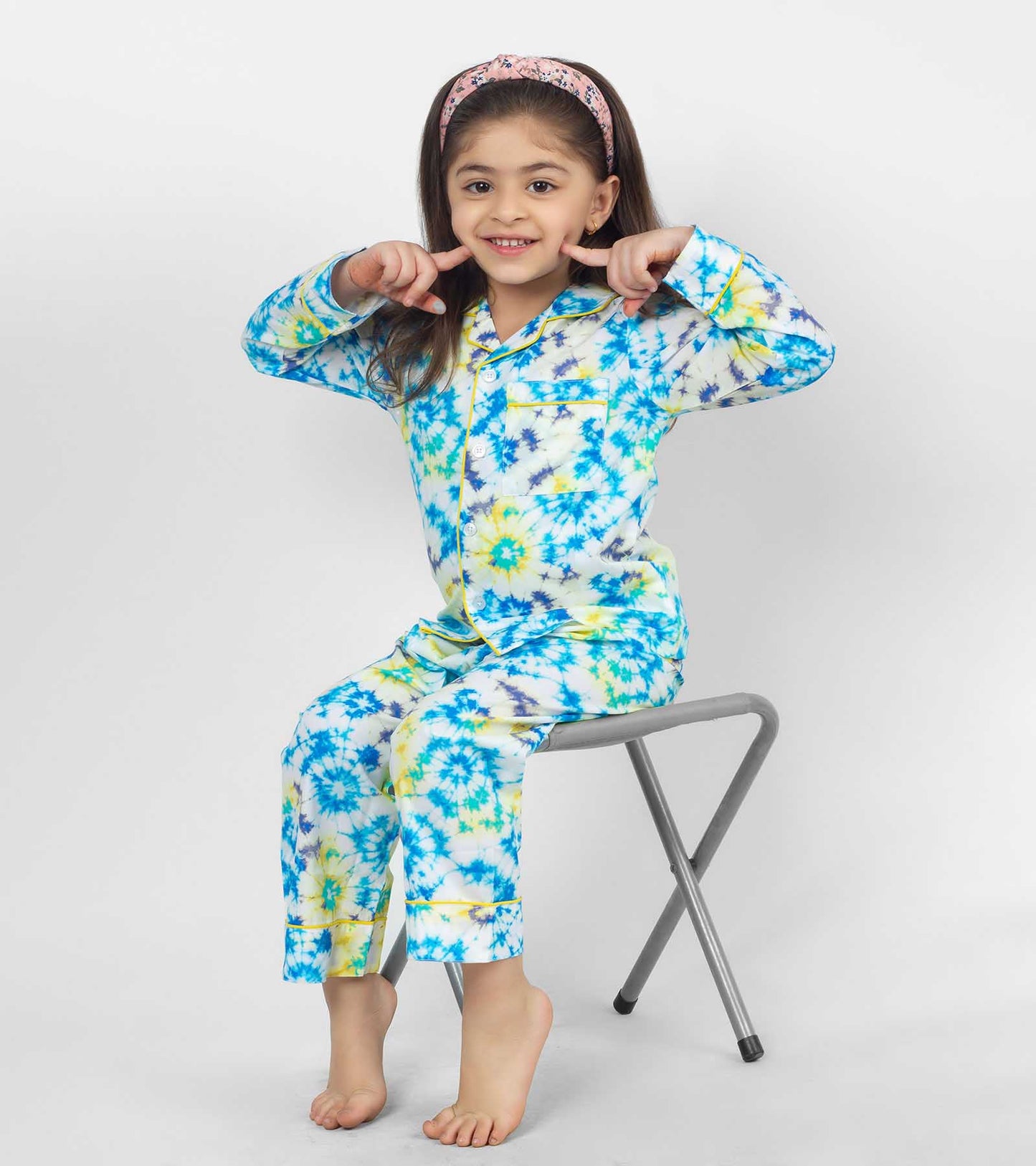 Blue Tie Dye Printed Girls Nightsuit Set