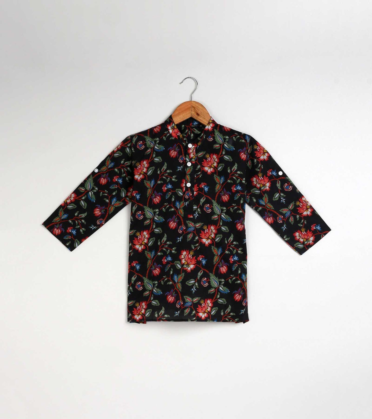 Boys Black Floral Printed Kurta Set