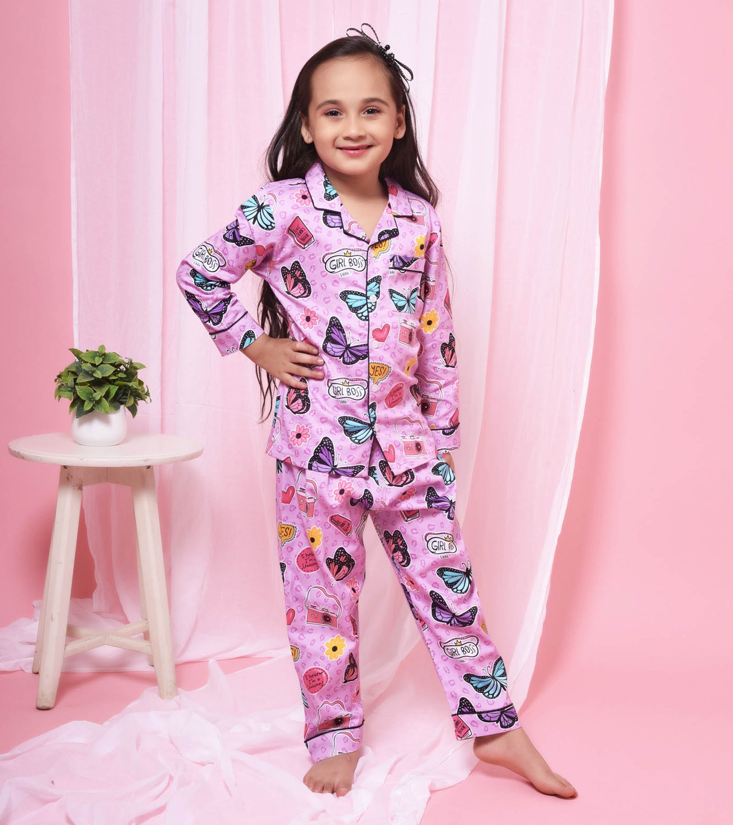 Butterfly World Printed Girls Nightsuit Set