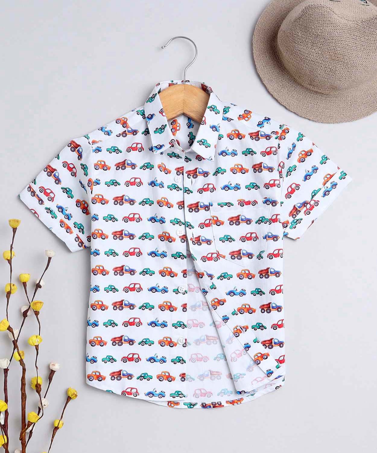 Car Print Pure Cotton Half Sleeve Shirt For Boys