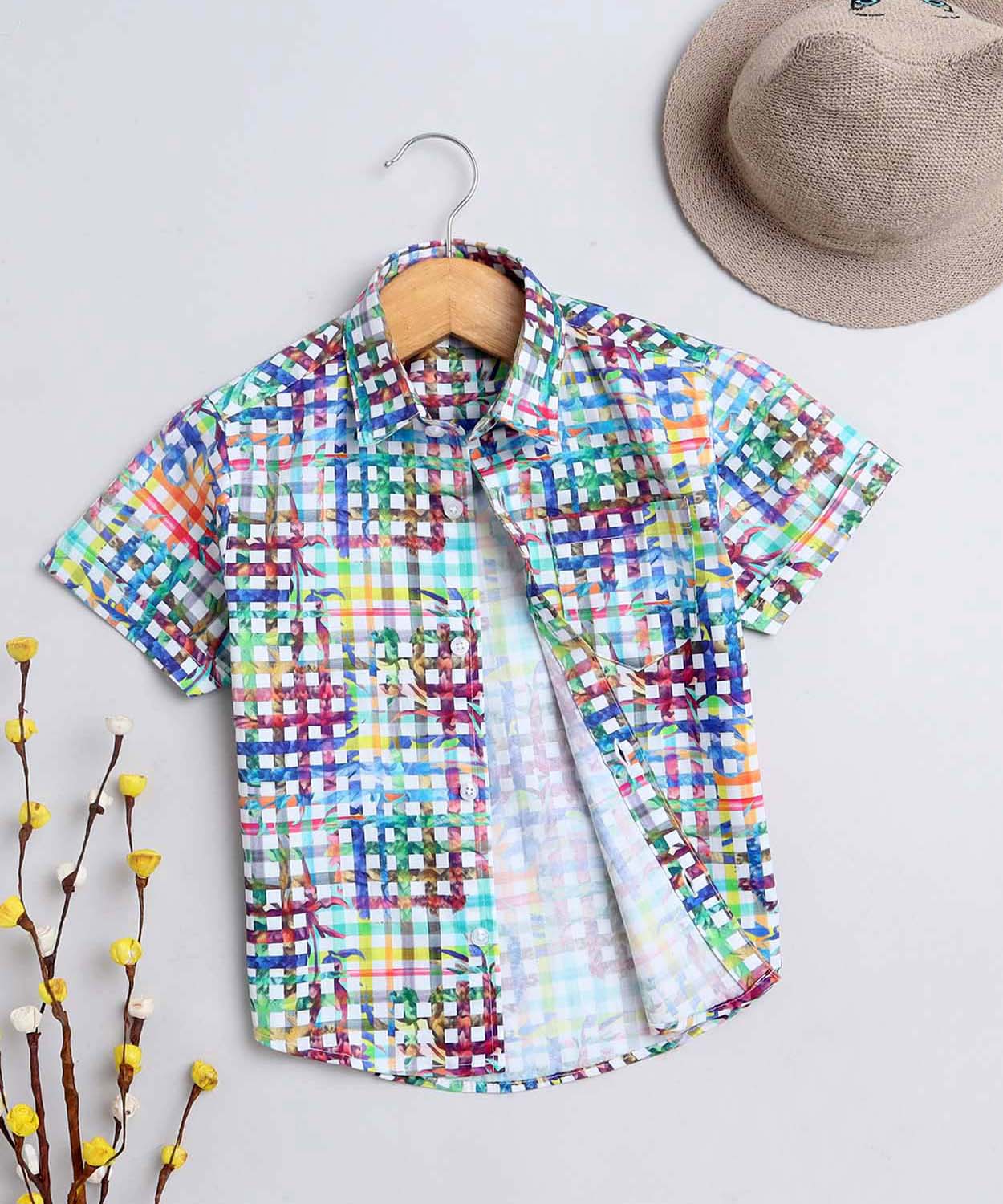 Checks Print Pure Cotton Half Sleeve Shirt For Boys