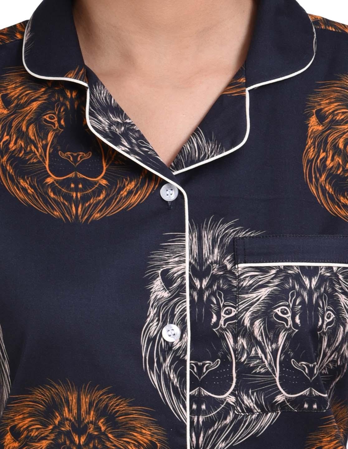 Black Leo Printed Nightsuit Set for Women