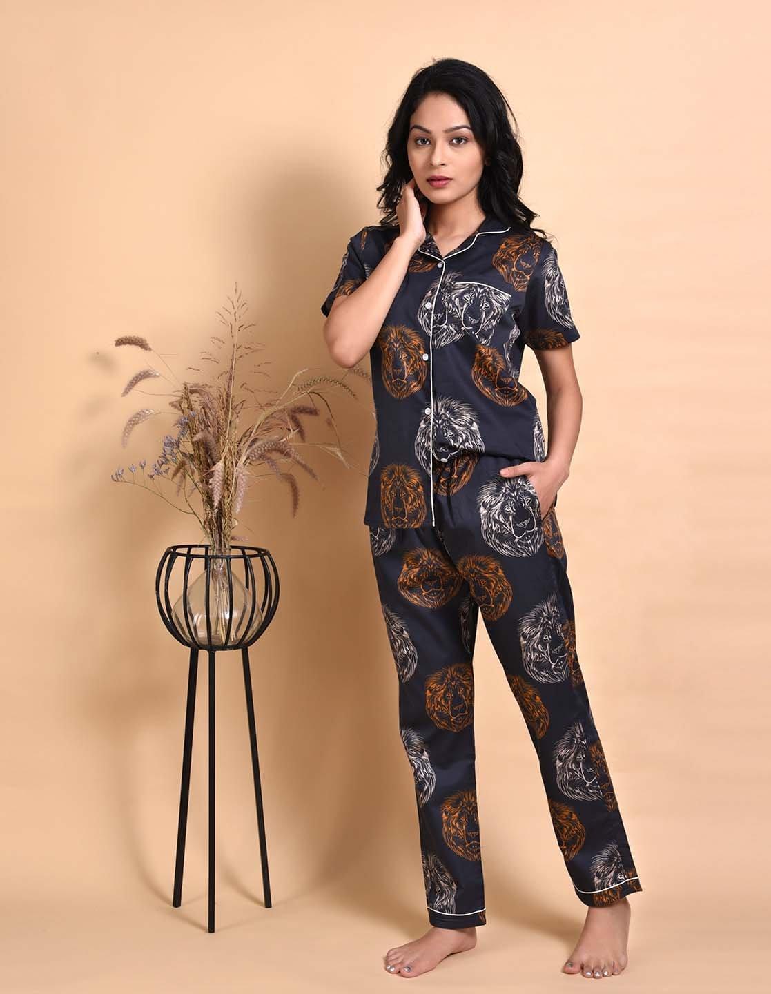 Black Leo Printed Nightsuit Set for Women