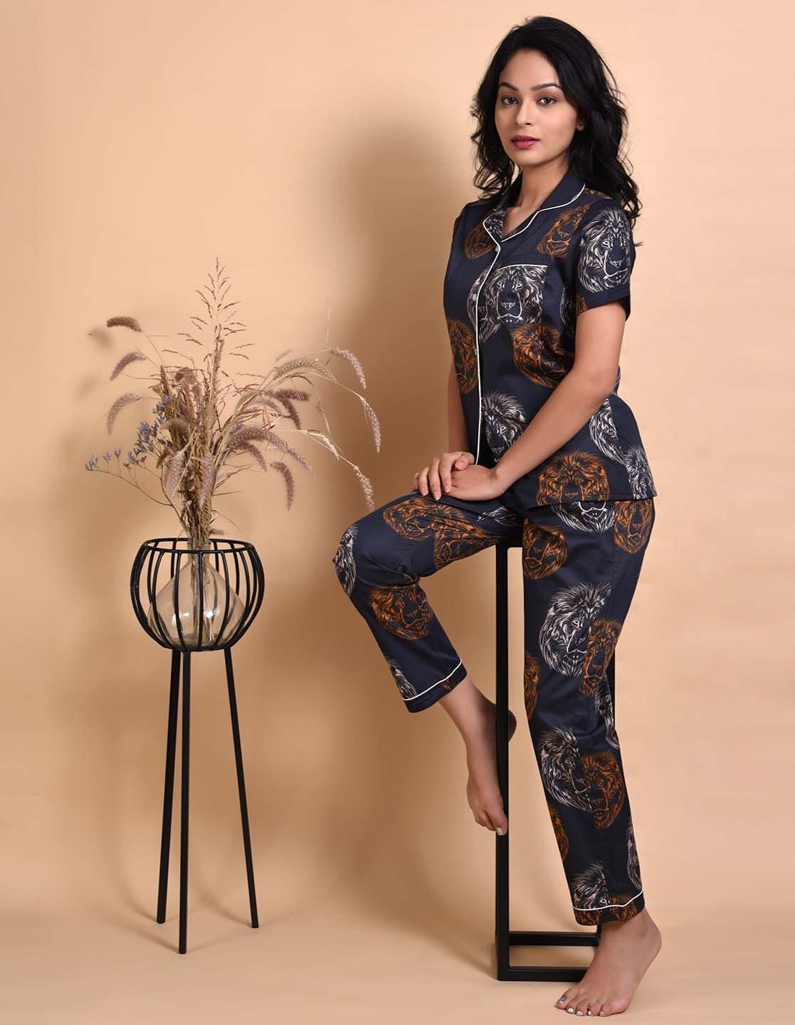 Black Leo Printed Nightsuit Set for Women