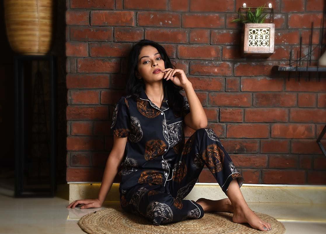 Black Leo Printed Nightsuit Set for Women