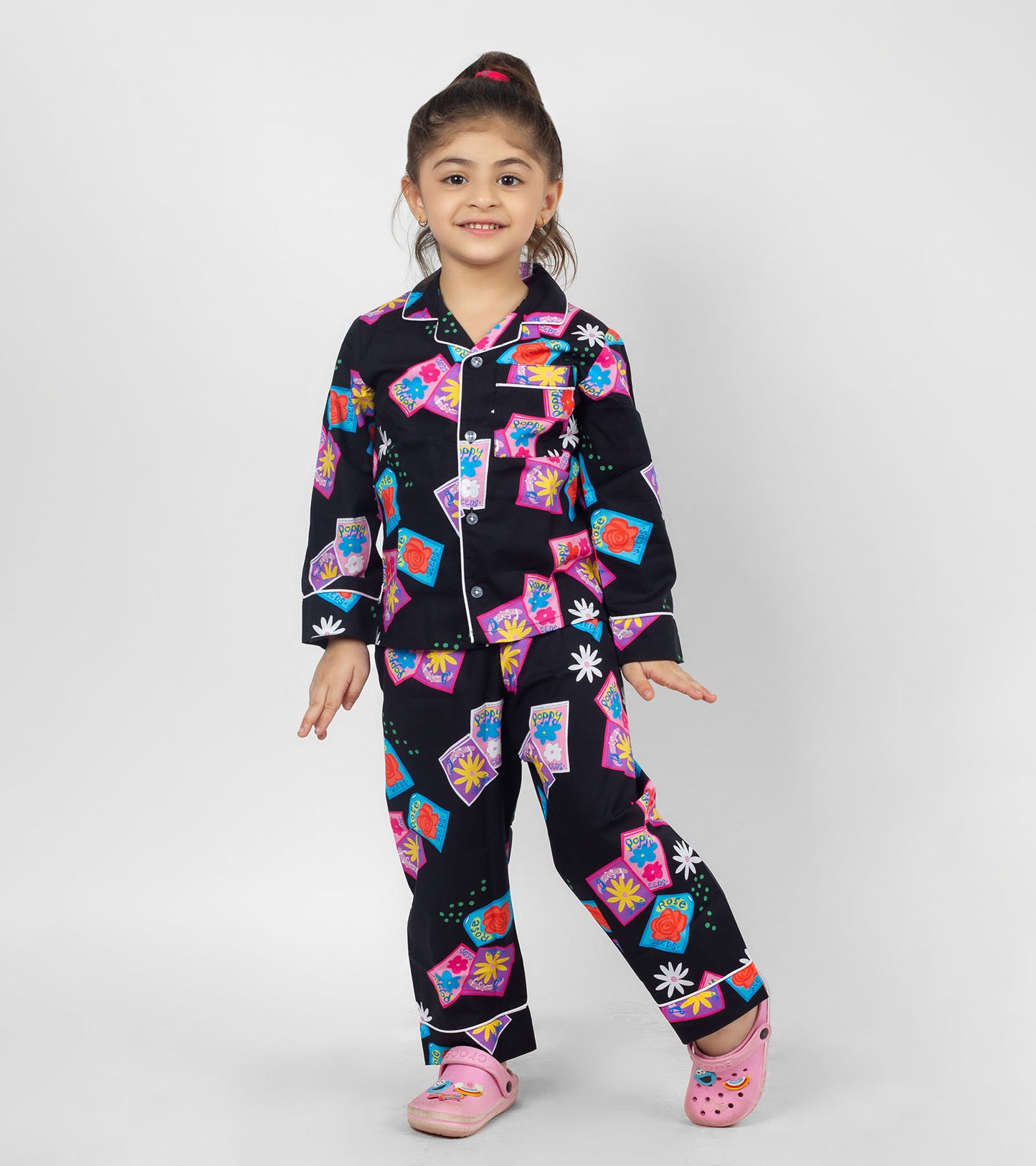 Flowery Black Printed Girls Nightsuit Set