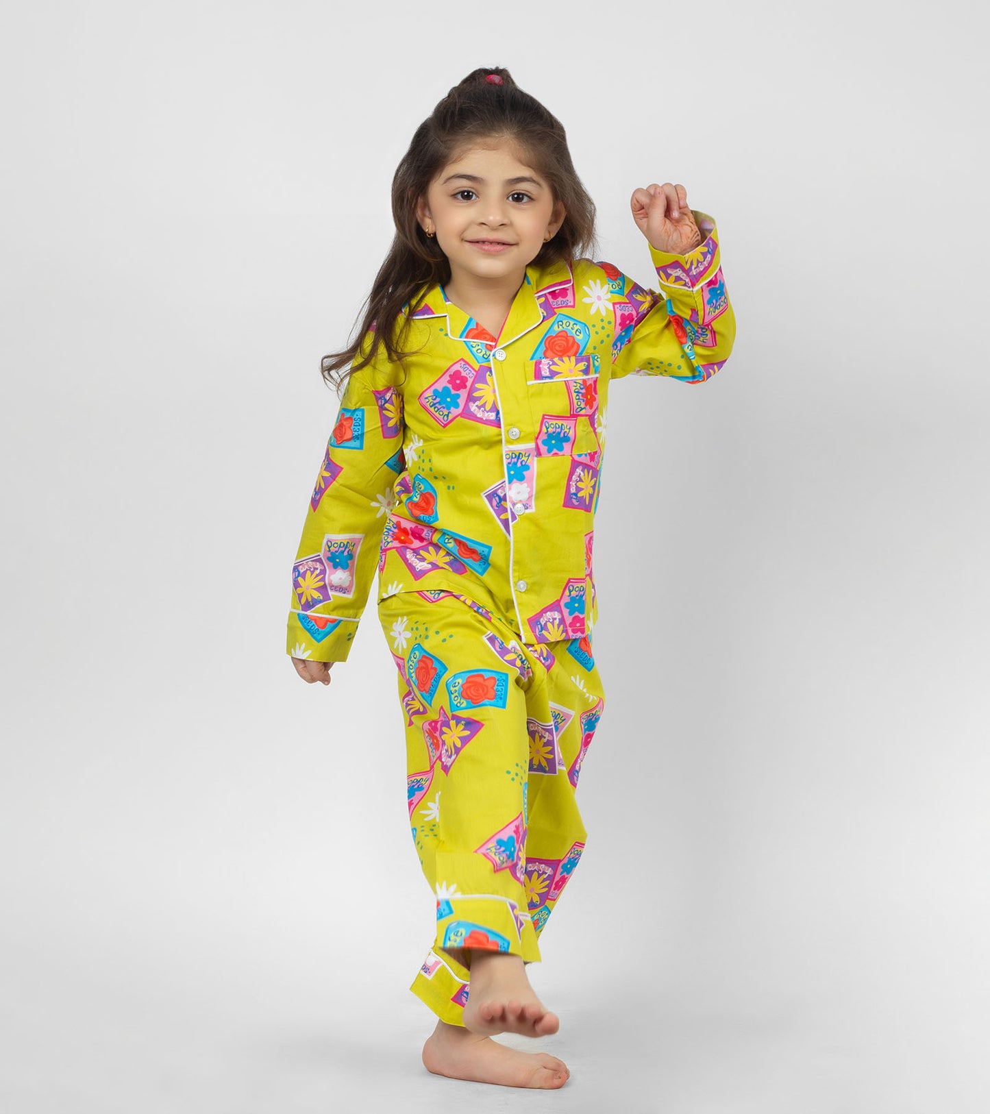 Flowery Blocks Printed Girls Nightsuit Set