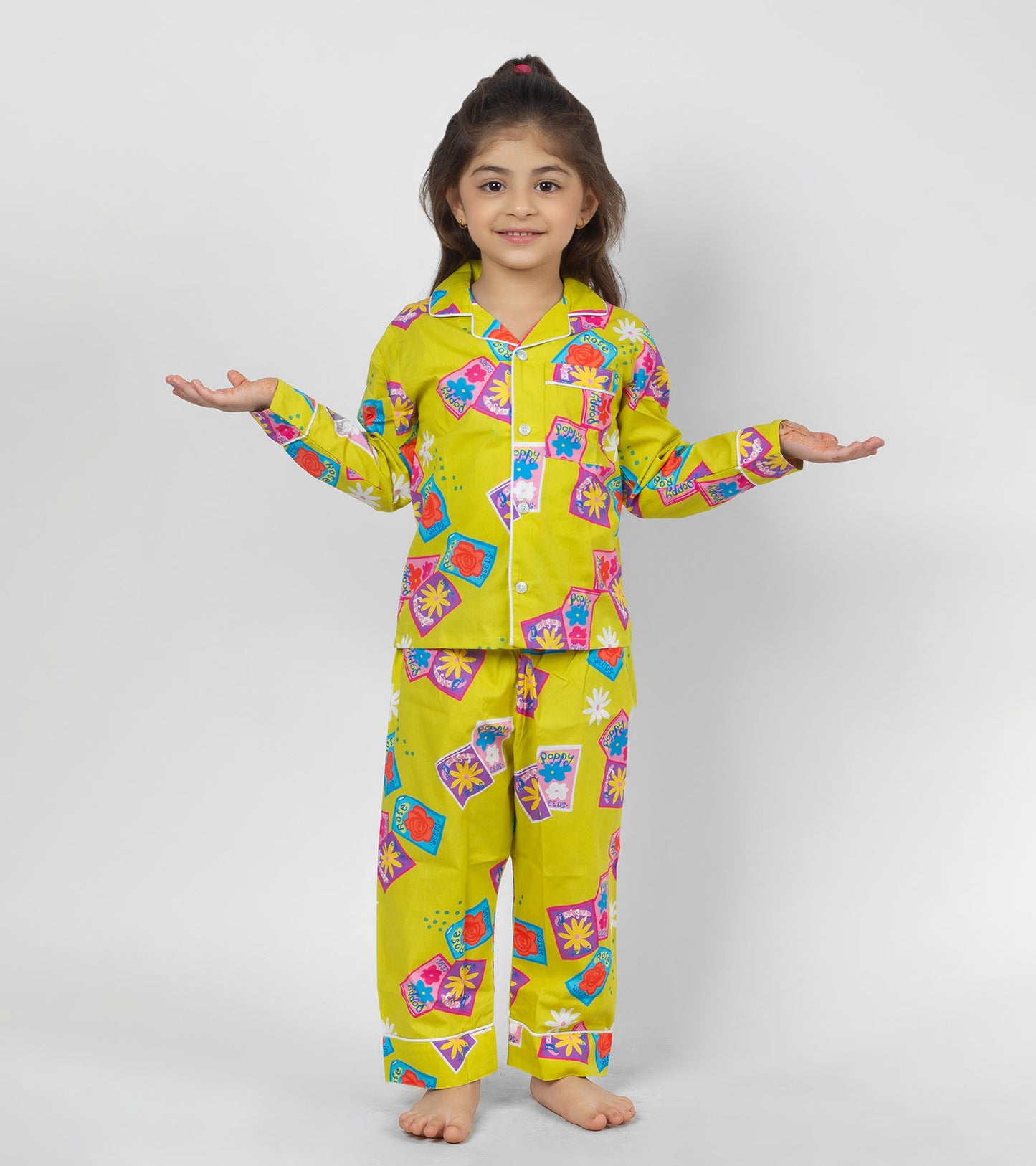 Flowery Blocks Printed Girls Nightsuit Set