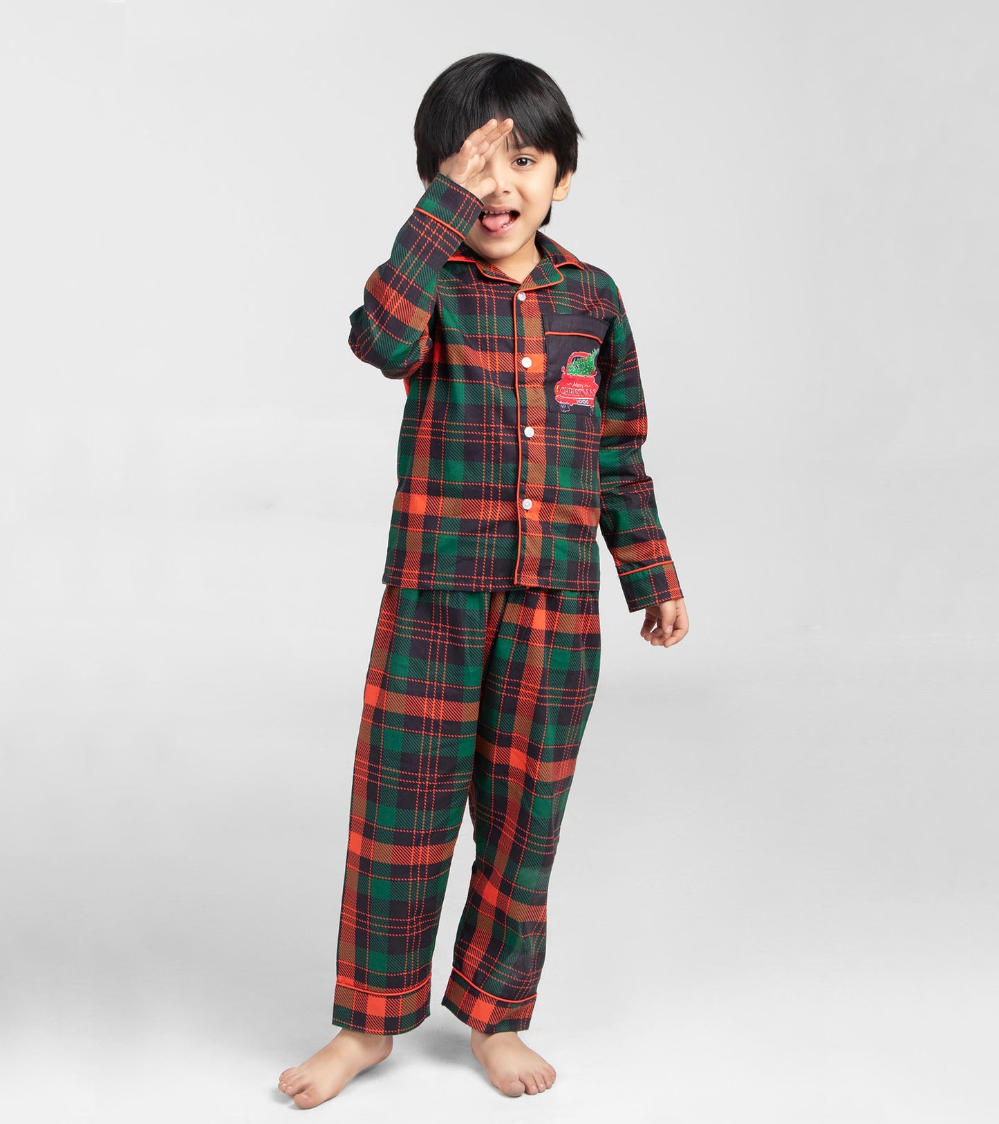 Green and Red Checks Christmas Printed Nightsuit Set