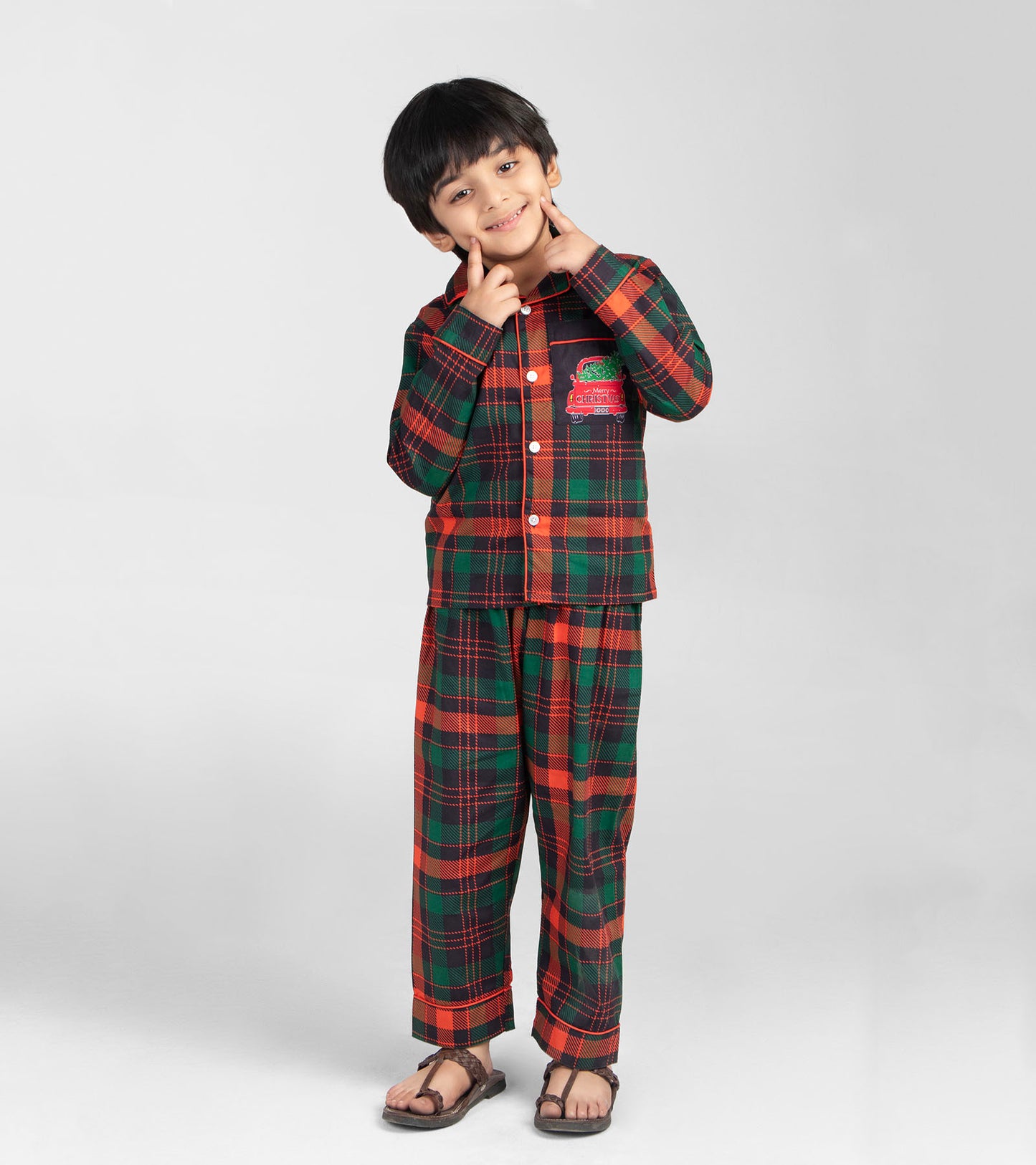 Green and Red Checks Christmas Printed Nightsuit Set