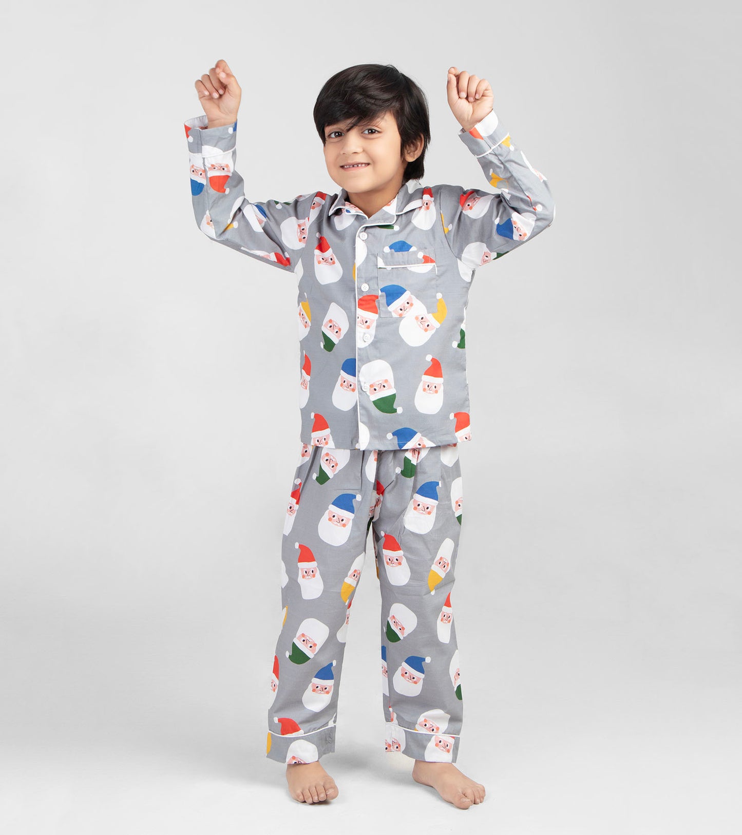 Multi Color Cap Grey Santa Christmas Printed Nightsuit Set