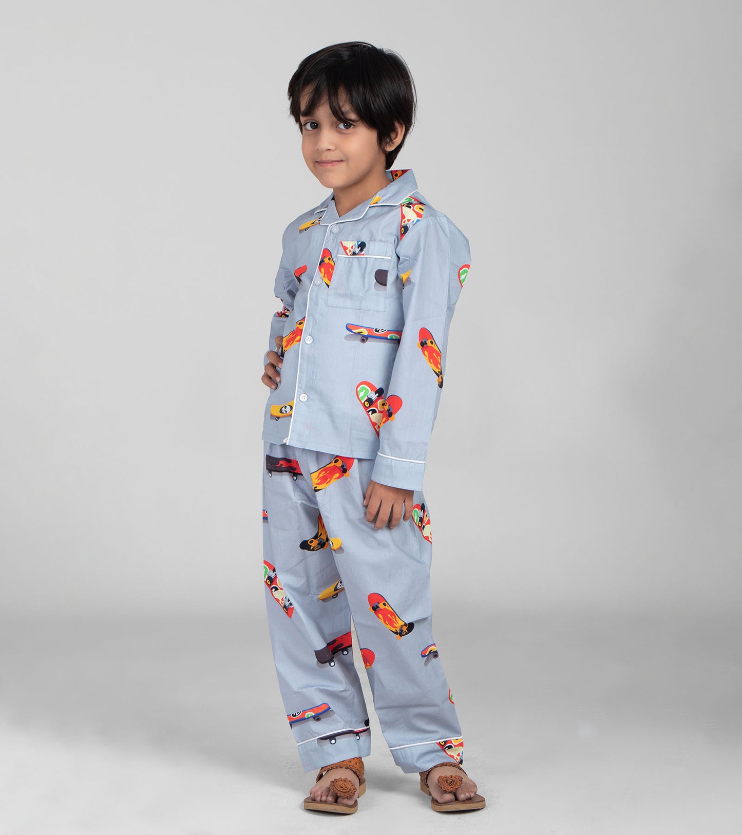 Grey Skateboard Printed Night Suit Set