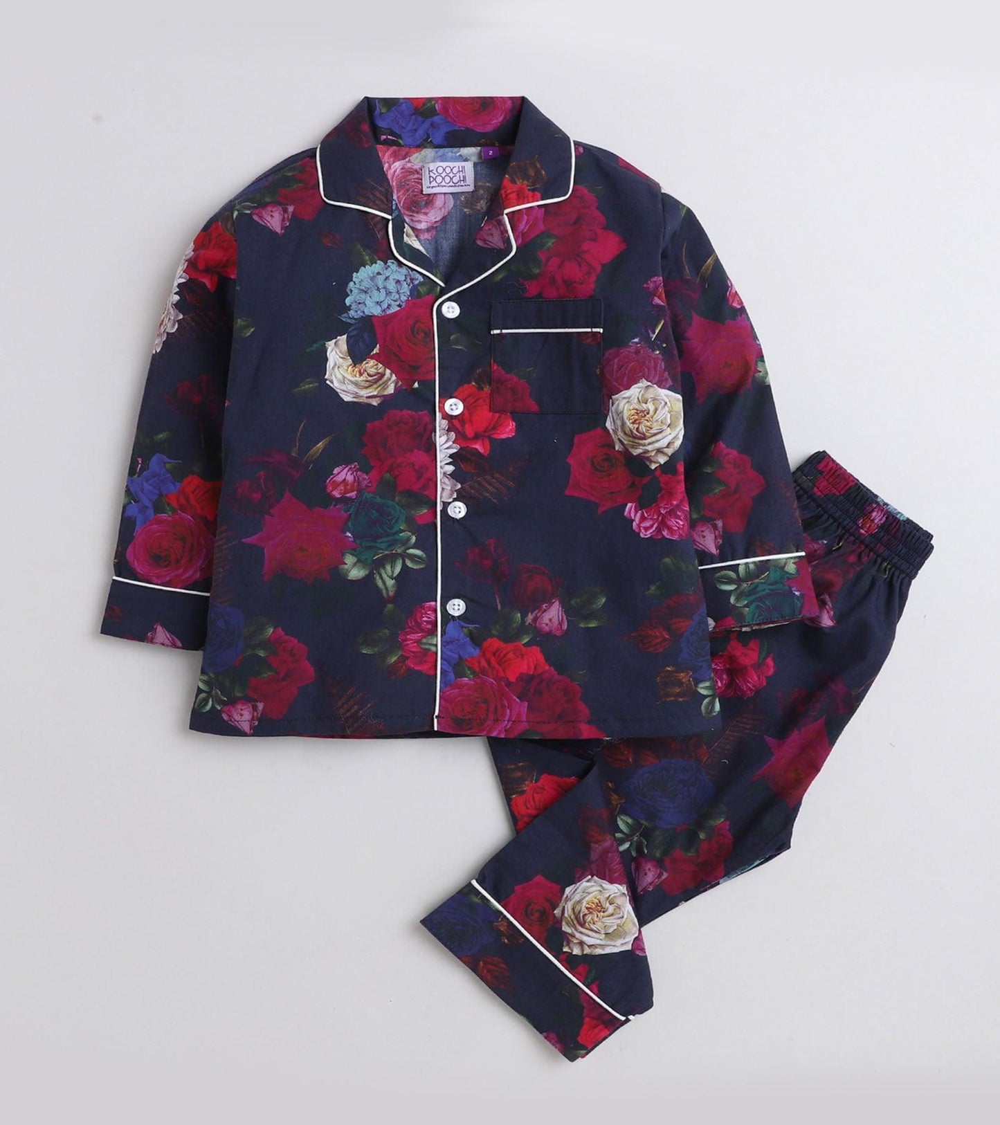 Black Floral Printed Nightsuit Set for Girls