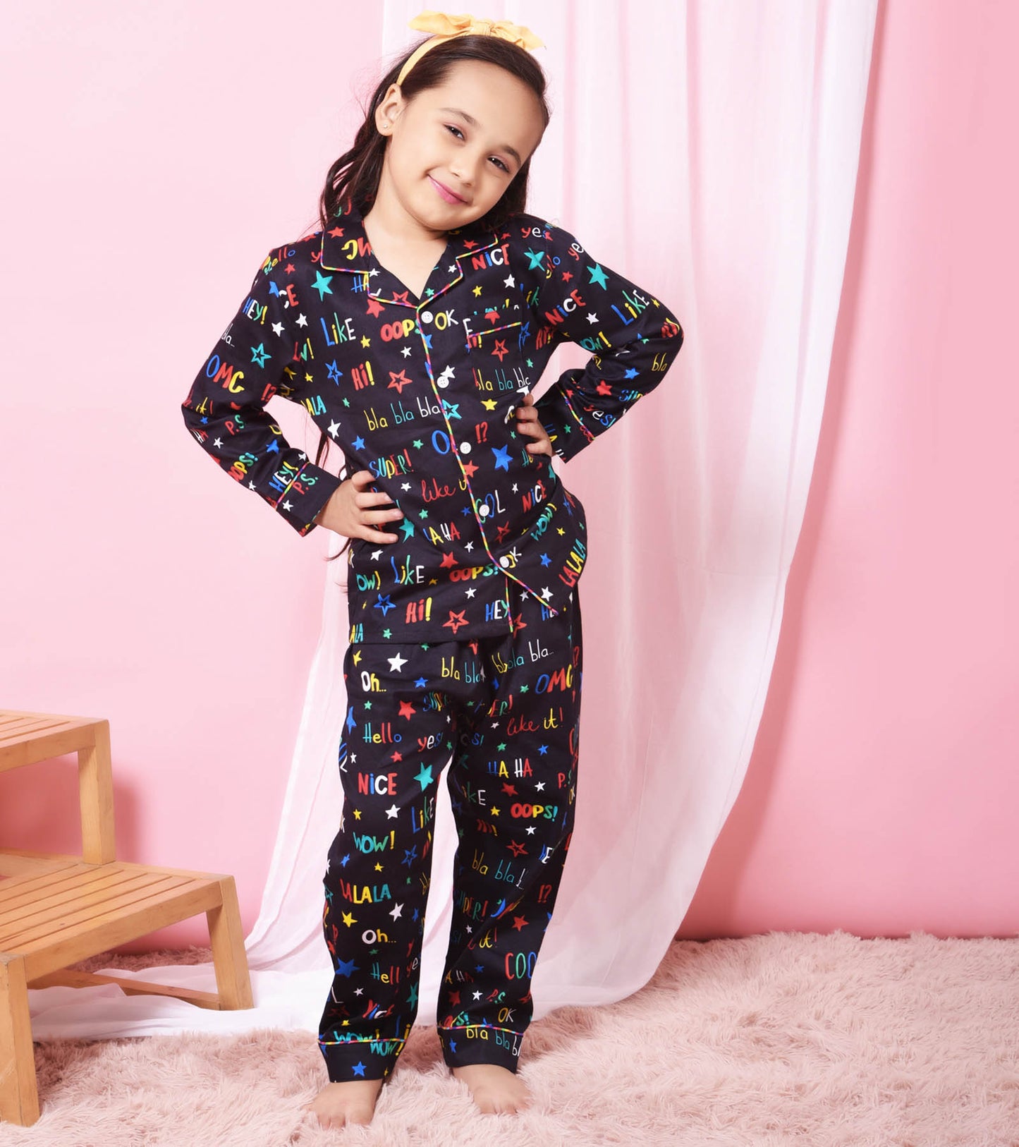 Multi Black Printed Printed Girls Nightsuit Set