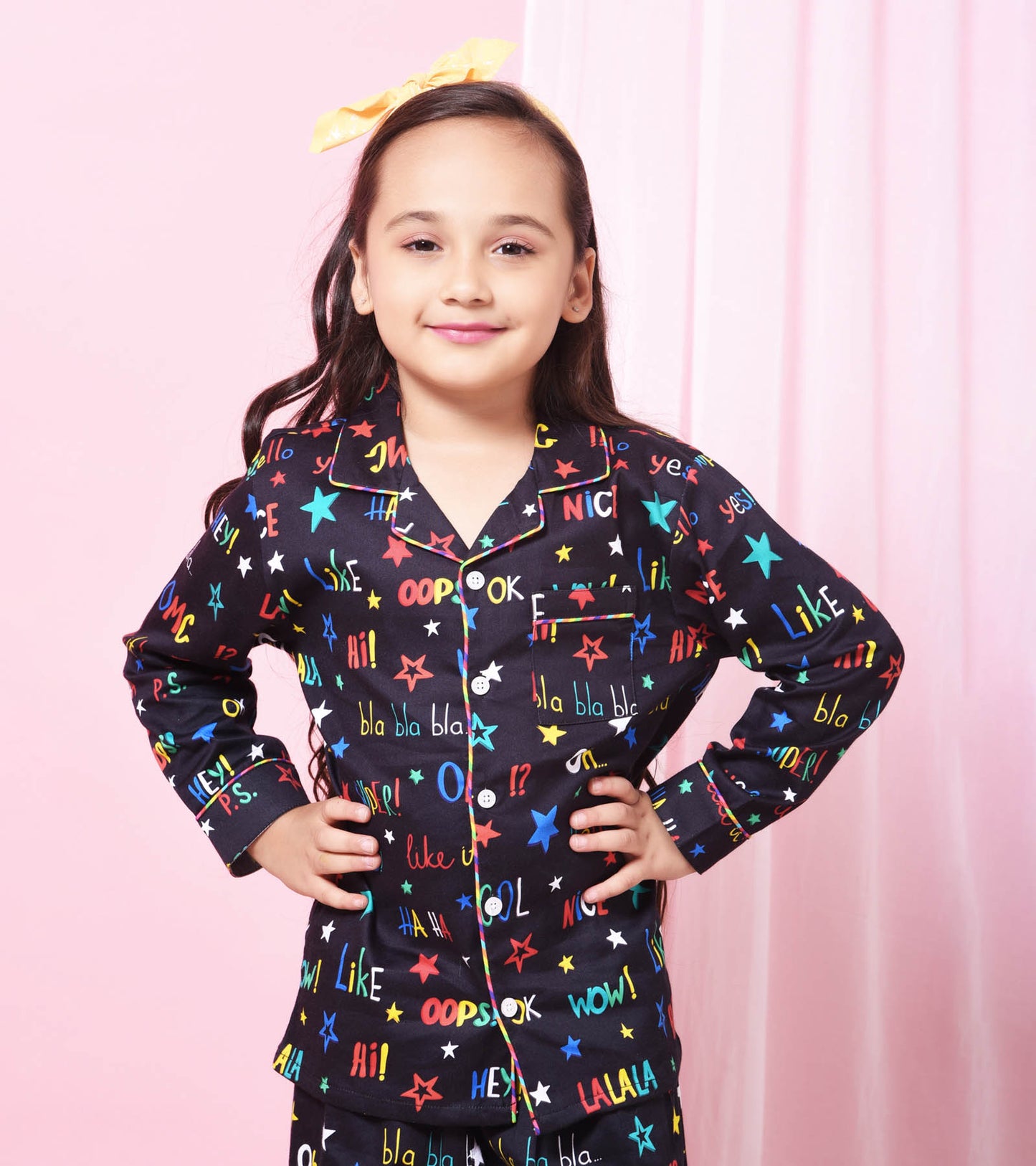 Multi Black Printed Printed Girls Nightsuit Set