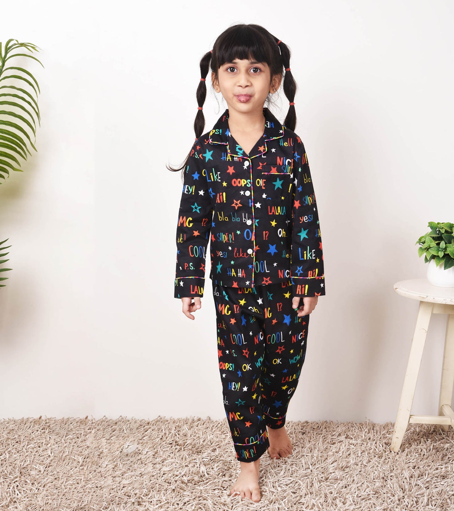 Multi Black Printed Printed Girls Nightsuit Set