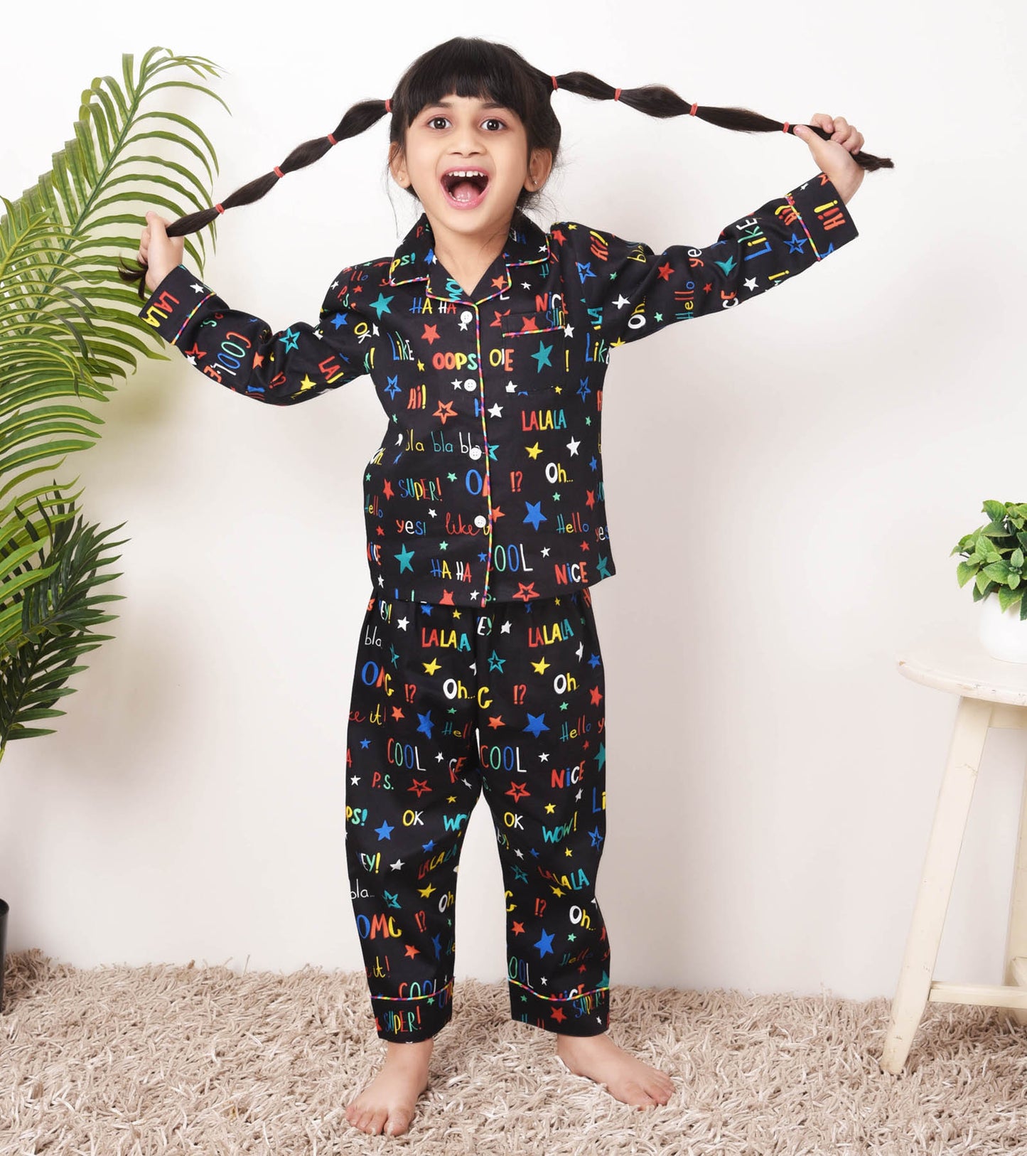 Multi Black Printed Printed Girls Nightsuit Set