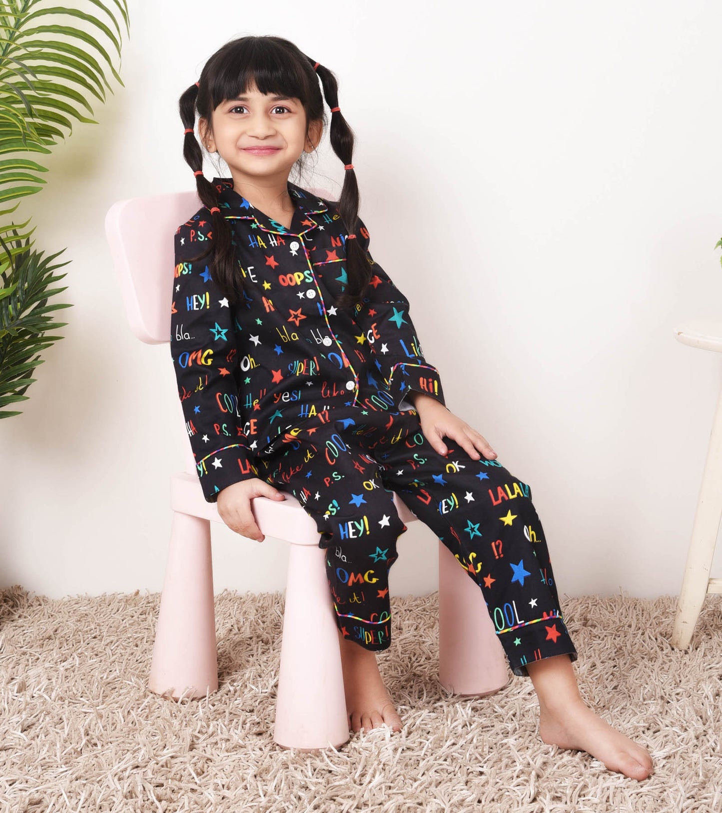 Multi Black Printed Printed Girls Nightsuit Set