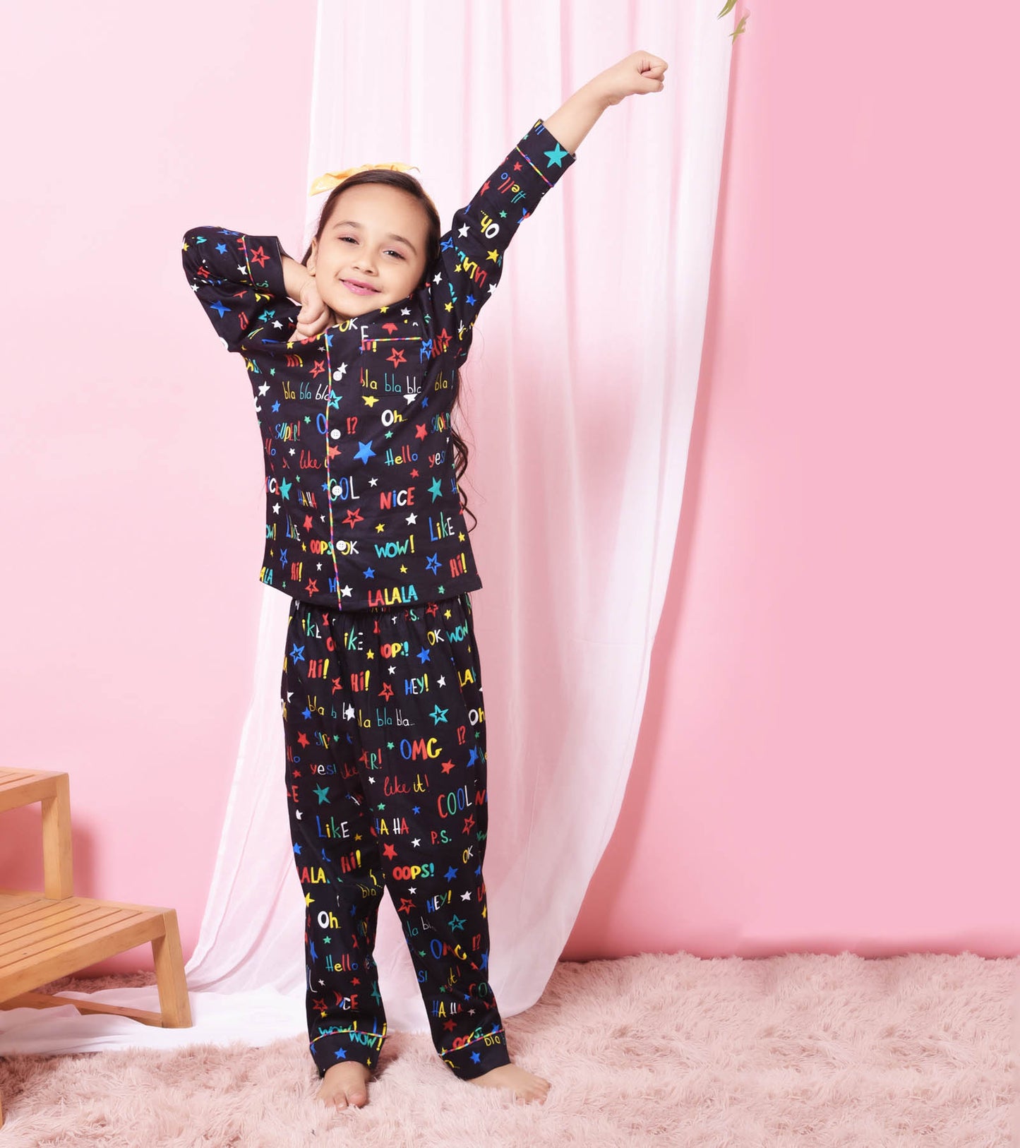 Multi Black Printed Printed Girls Nightsuit Set