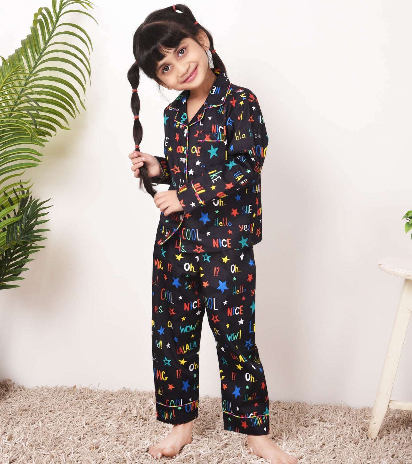 Multi Black Printed Printed Girls Nightsuit Set