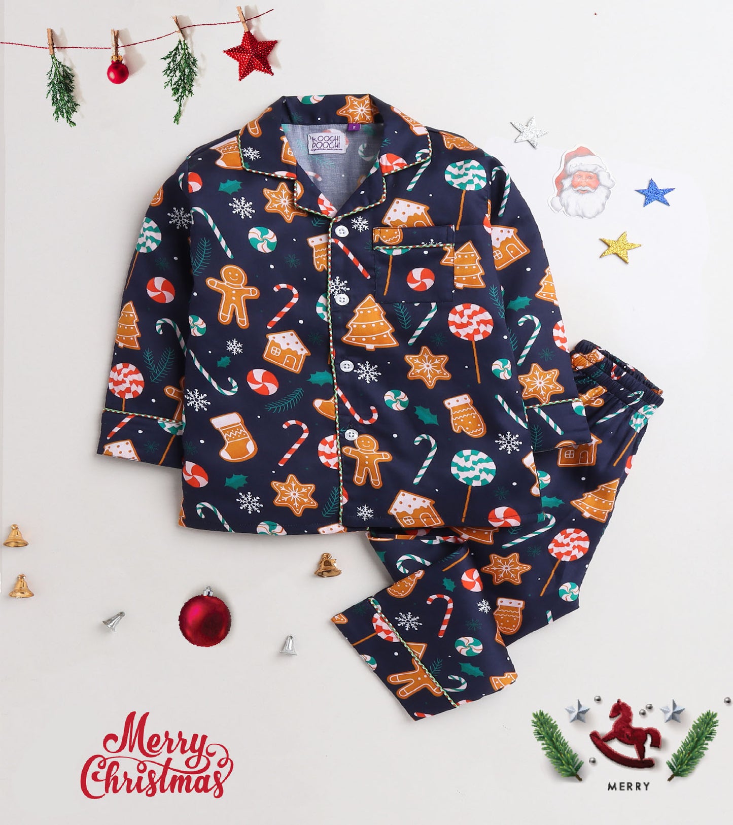 Navy Blue Printed Christmas Nightsuit Set