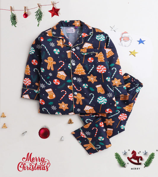 Navy Blue Printed Christmas Nightsuit Set